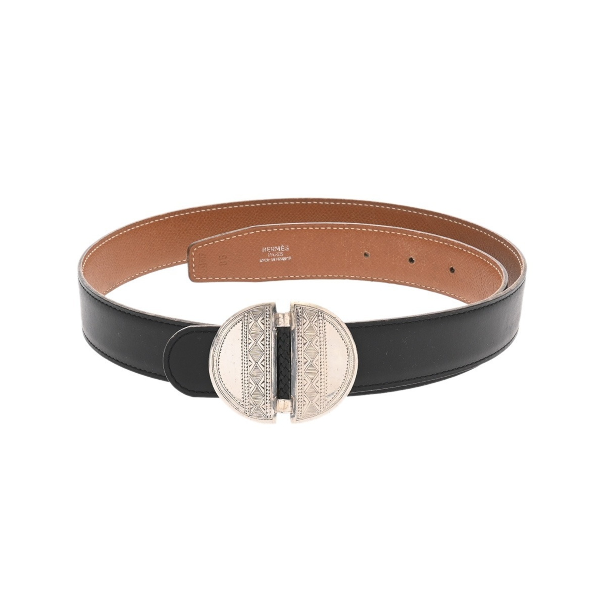 HERMES Touareg Buckle, Size 85, Black/Gold, A Stamp (circa 1997), Men's Box Calf Scarf, Kushvel Belt, B-Rank, Pre-Owned, Ginzo