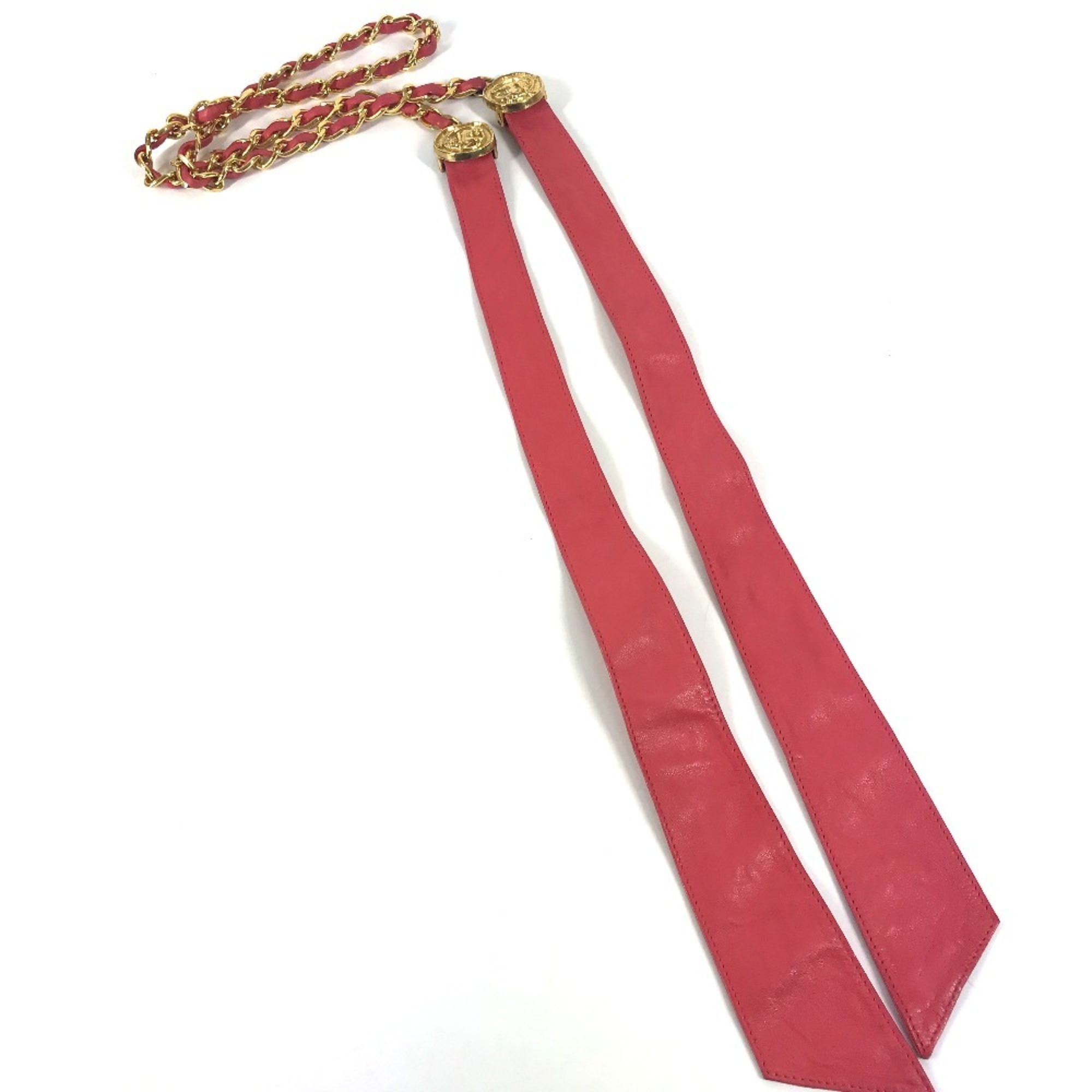 CHANEL Vintage Coin Chain Belt Fashion Accessory Ribbon Leather Women's Pink