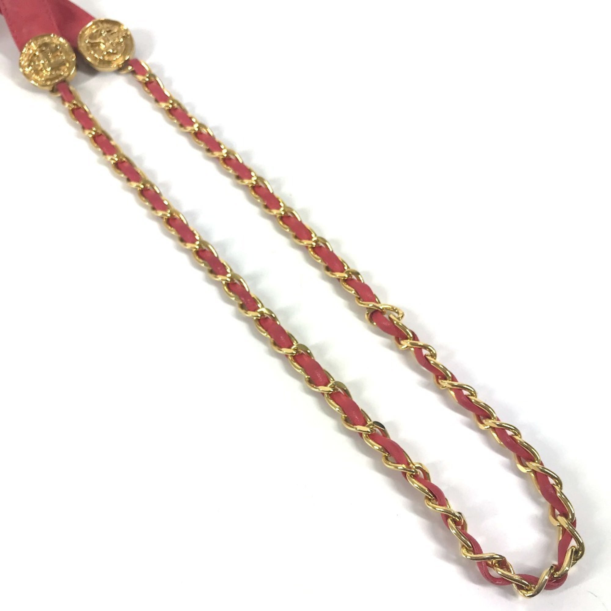 CHANEL Vintage Coin Chain Belt Fashion Accessory Ribbon Leather Women's Pink