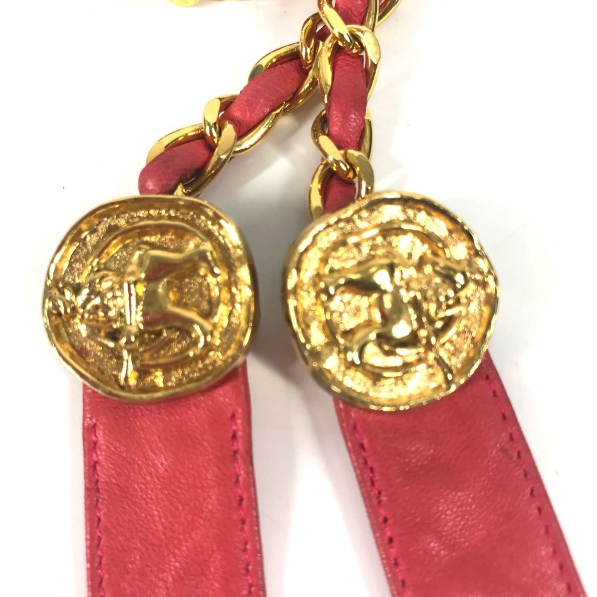 CHANEL Vintage Coin Chain Belt Fashion Accessory Ribbon Leather Women's Pink