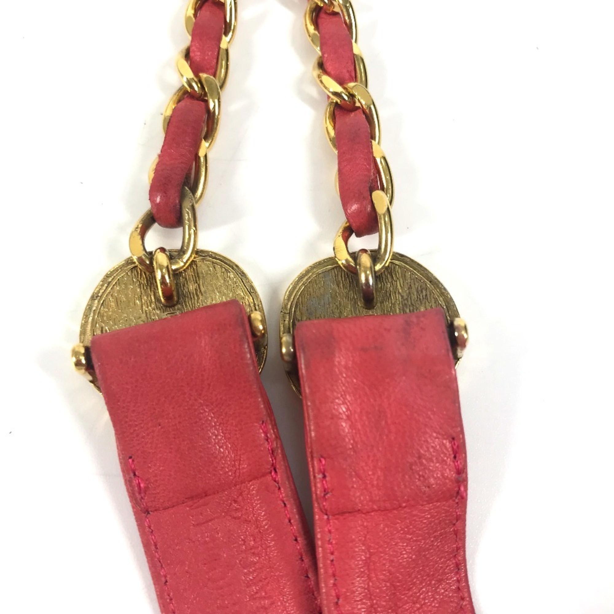 CHANEL Vintage Coin Chain Belt Fashion Accessory Ribbon Leather Women's Pink