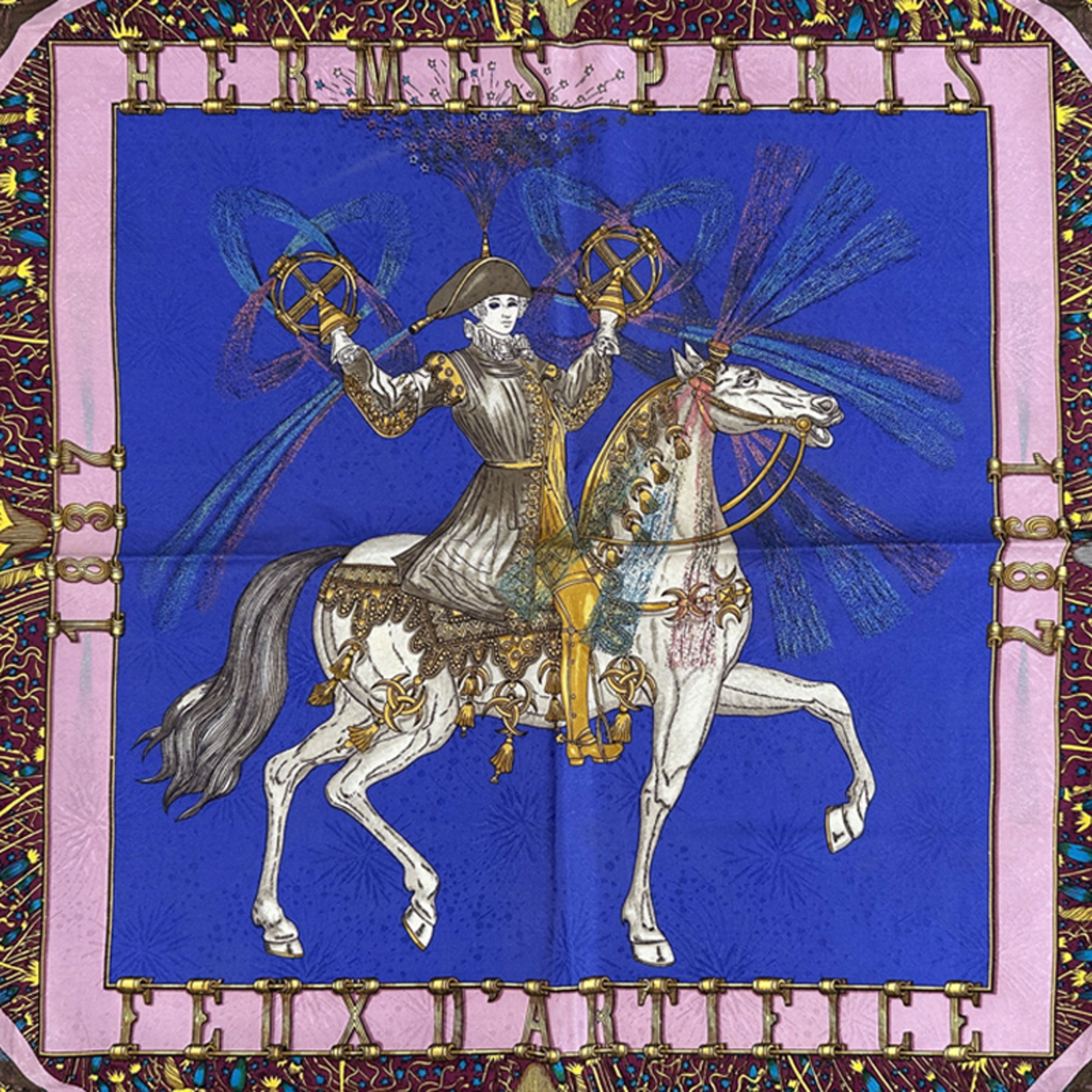 Hermes Hermès FEUX D'ARTIFICE Carré 90 Scarf, Women's Silk, Wine Red, Blue, Multicolor, Horse, Fireworks, Large