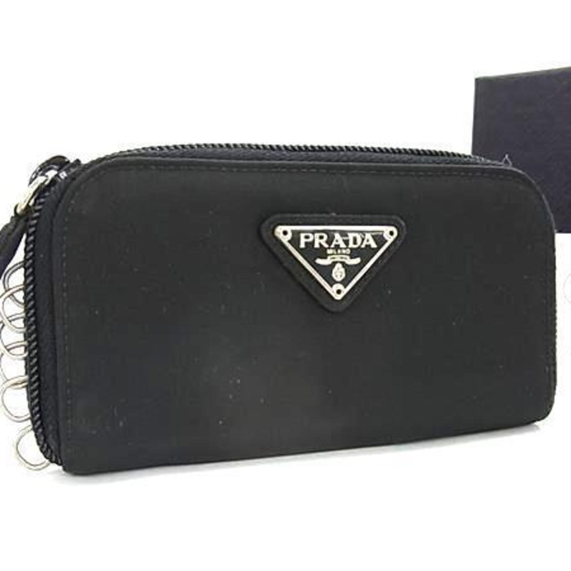 PRADA Prada Triangle Key Case M604 Black Tessuto Nylon 6-Ring Keychain for Men and Women with Mark