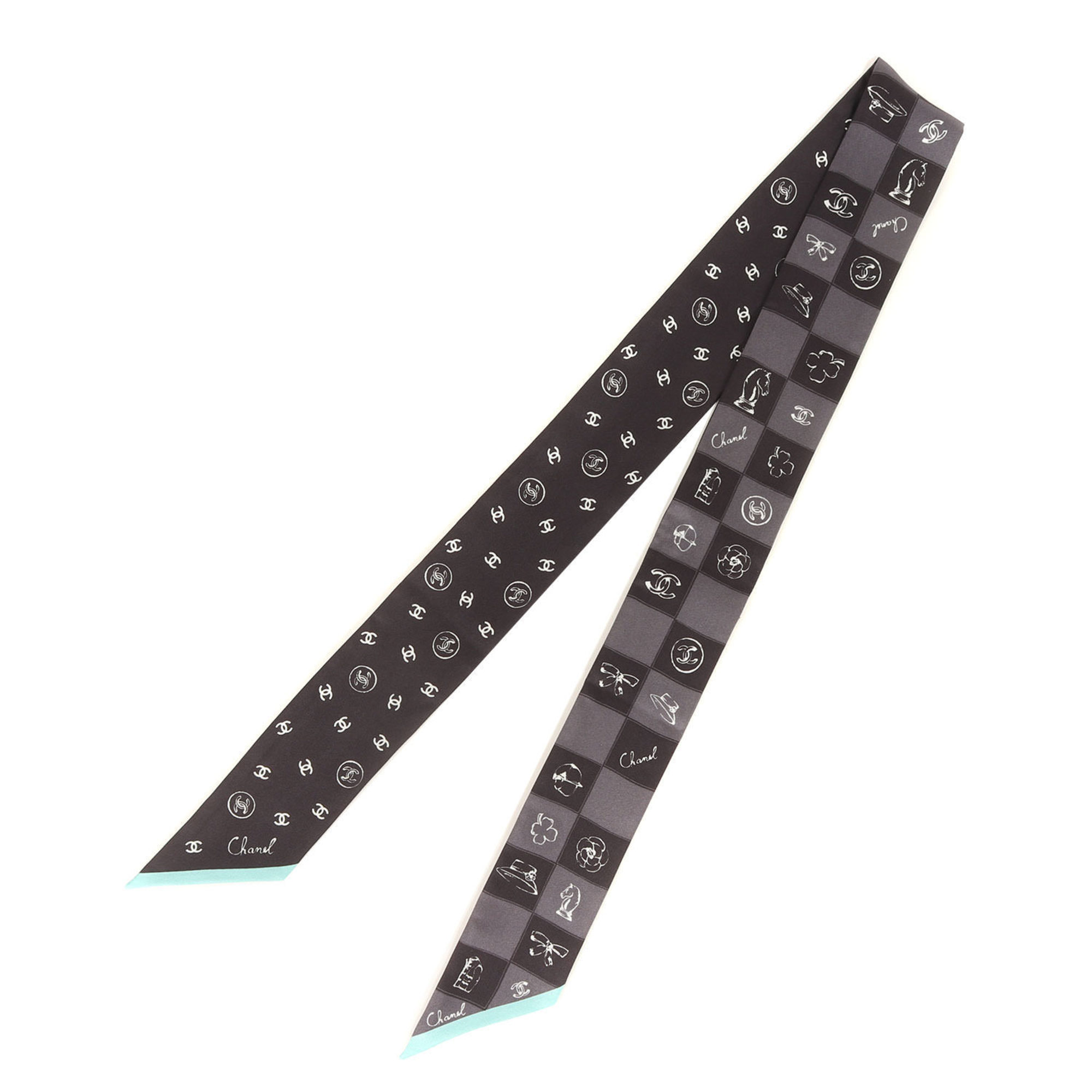 CHANEL Scarf/Muffler, Green, Black, Gray, Green FREE, Silk Ribbon 22C, Hairband, Coco Mark, Checkered Pattern, Camellia, Women’s, K4587