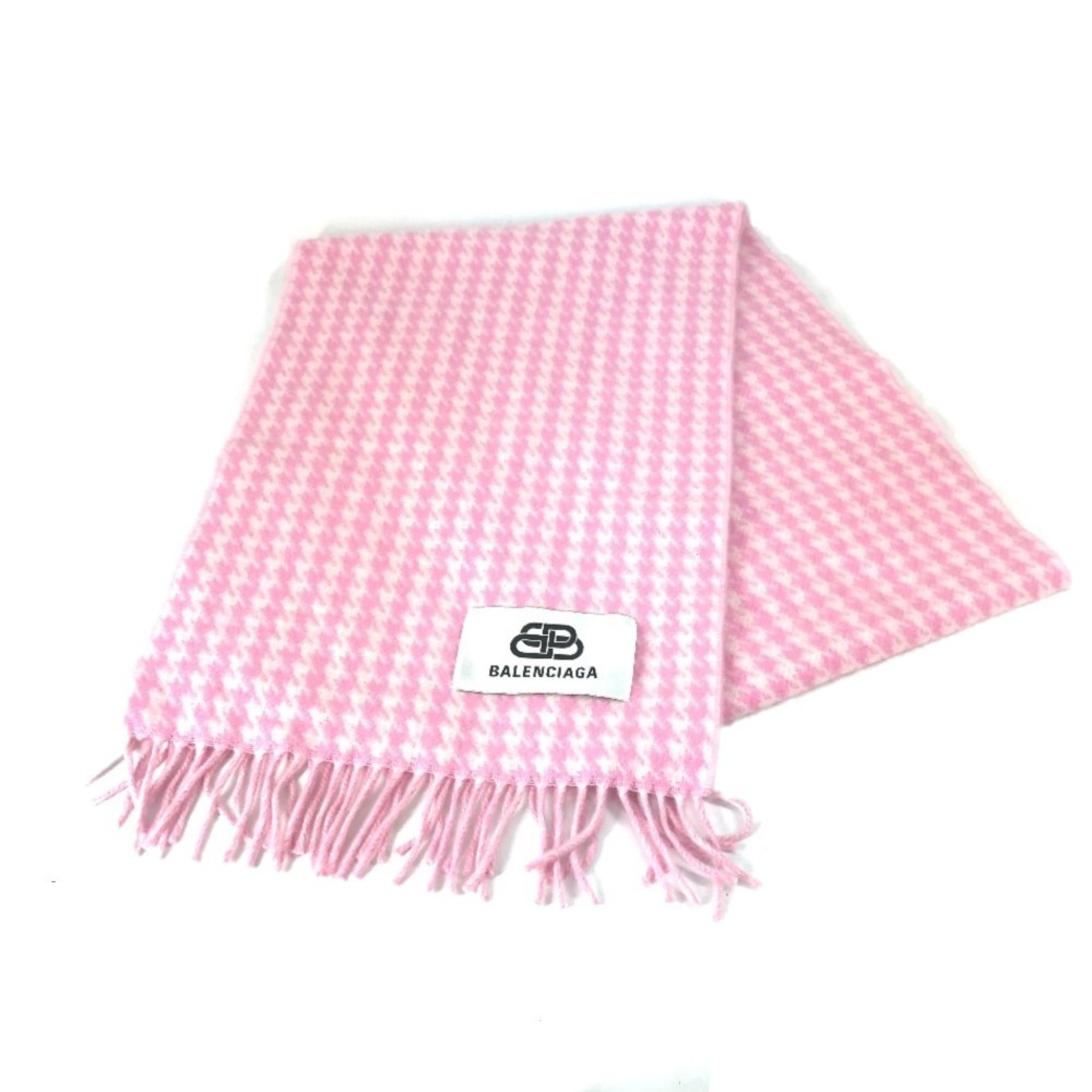 BALENCIAGA Check Logo Fringe Scarf Wool/Cashmere Women's Pink