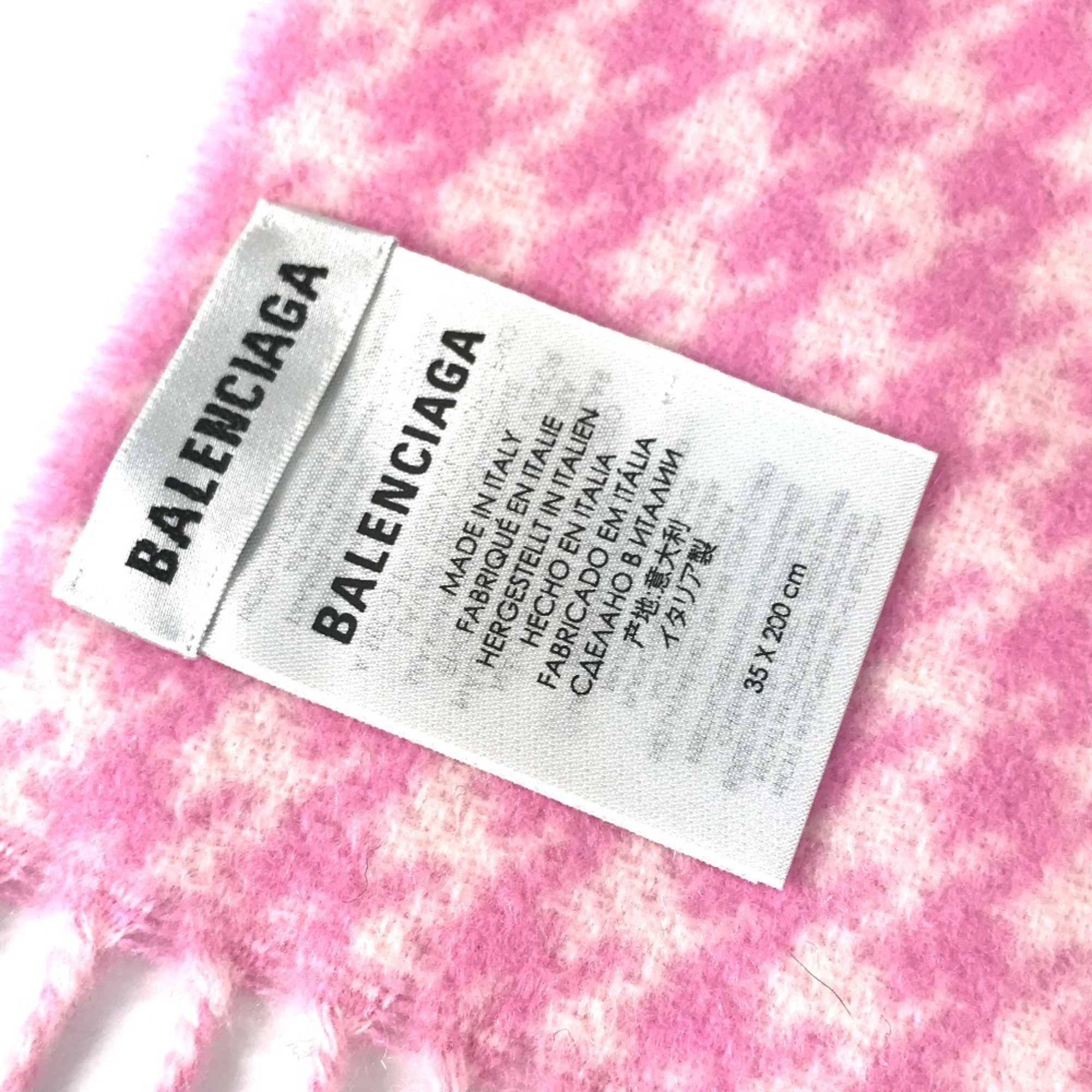 BALENCIAGA Check Logo Fringe Scarf Wool/Cashmere Women's Pink