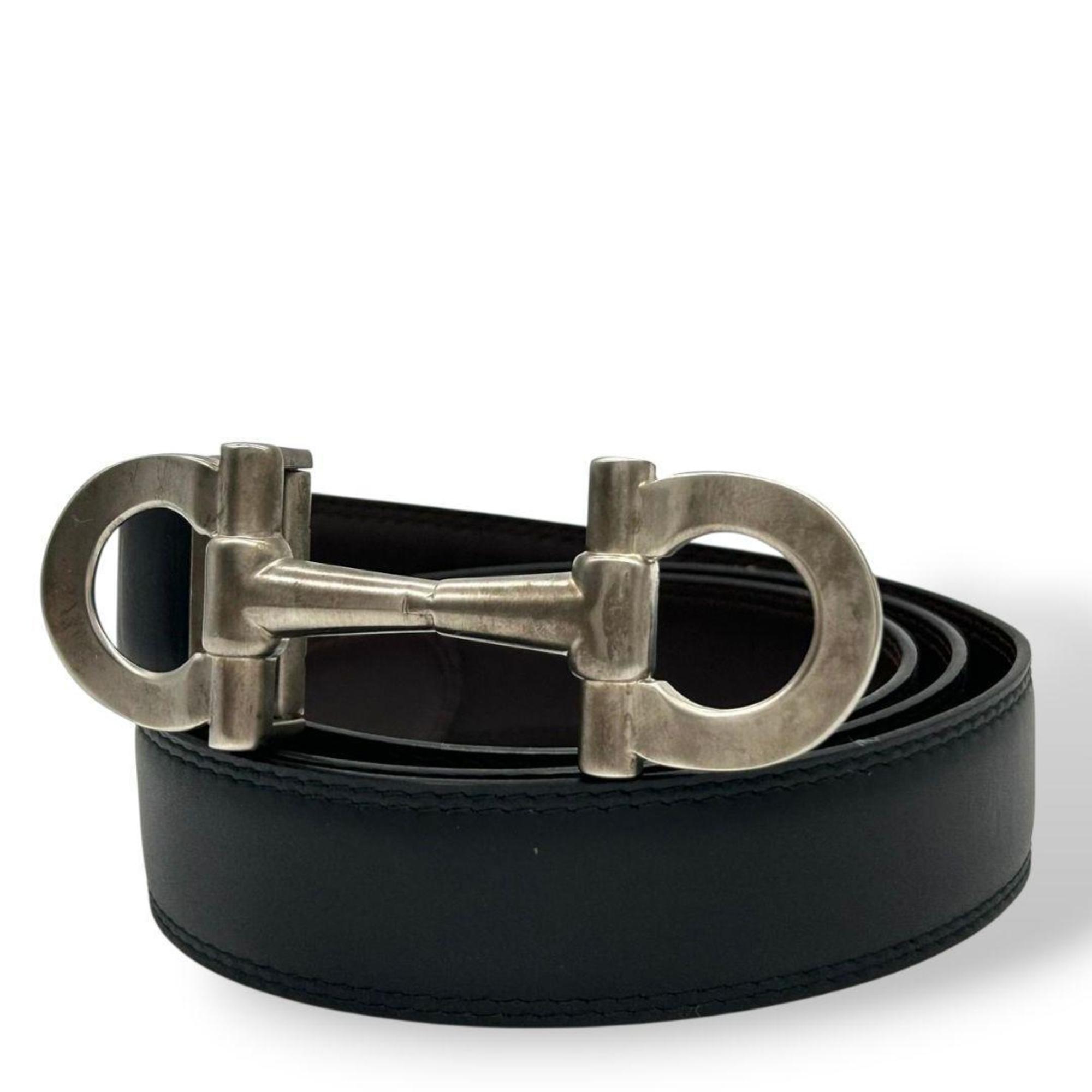 Salvatore Ferragamo black belt with Gancini logo, silver hardware, PX-2 leather, genuine leather.