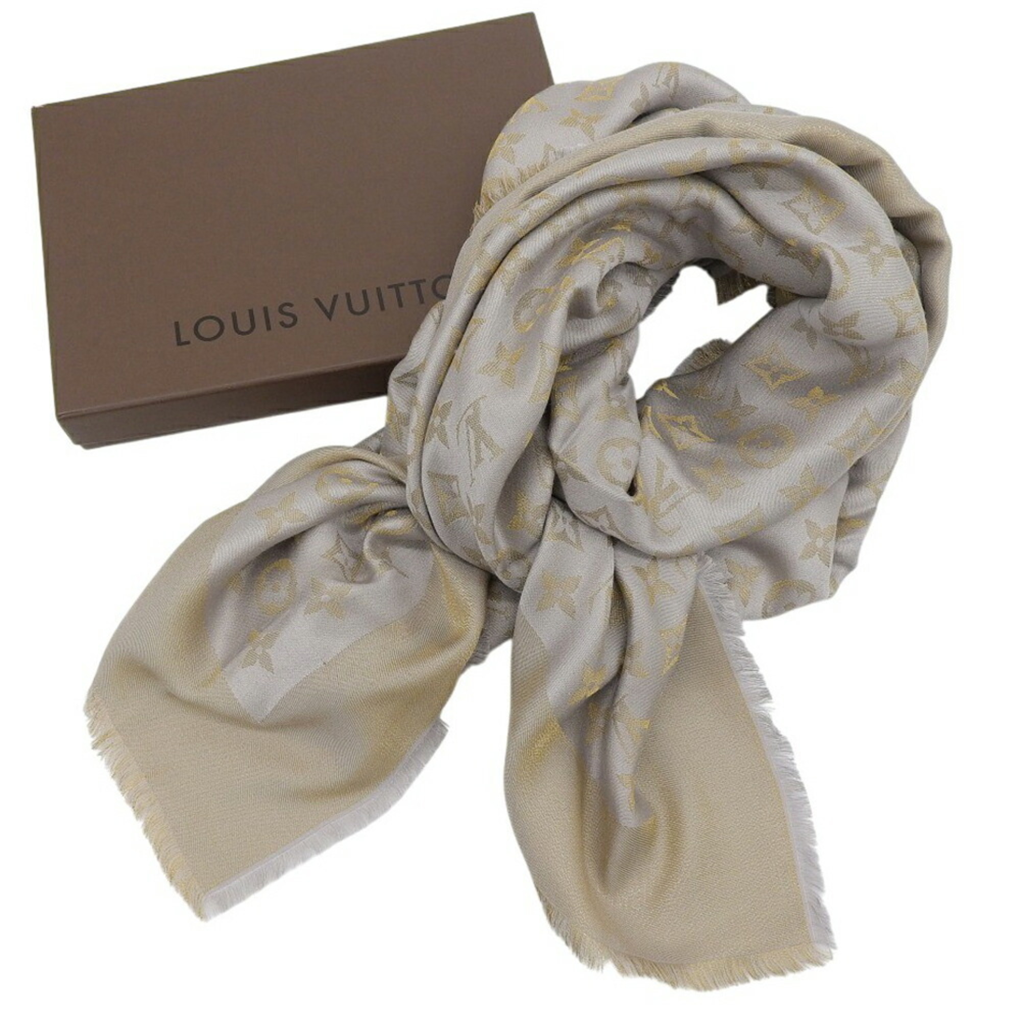 Louis Vuitton Monogram Shawl 401910, Silk Blend Stole, Silver and Gold