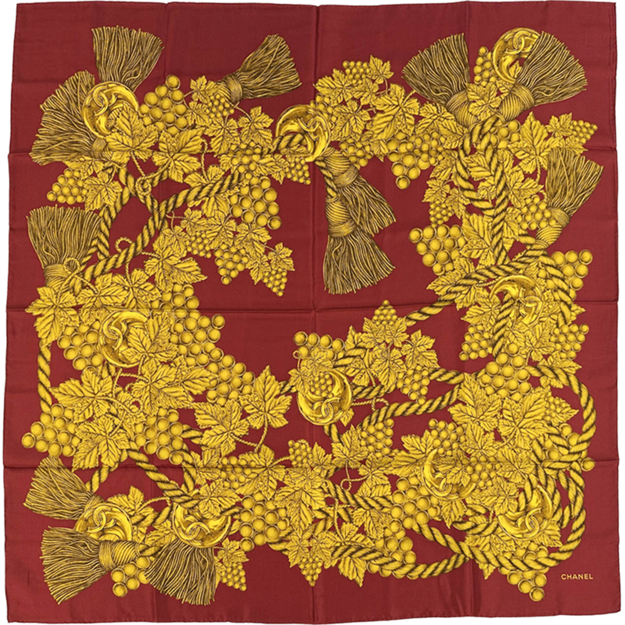 Chanel Coco Mark scarf, women's, branded silk, red and yellow, large, grape tassel, fruitful plant design