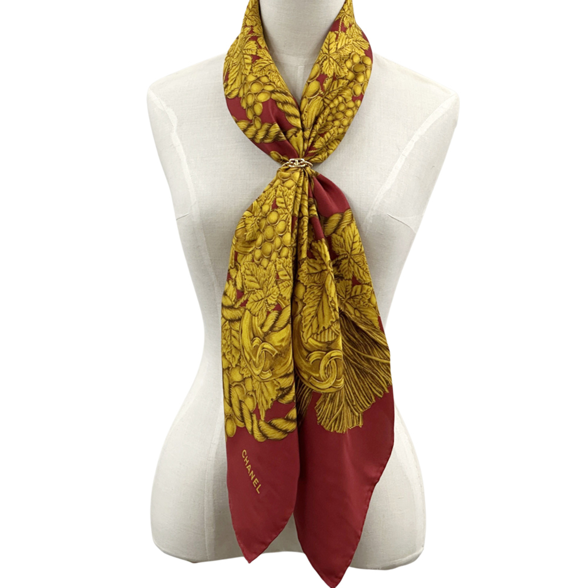 Chanel Coco Mark scarf, women's, branded silk, red and yellow, large, grape tassel, fruitful plant design