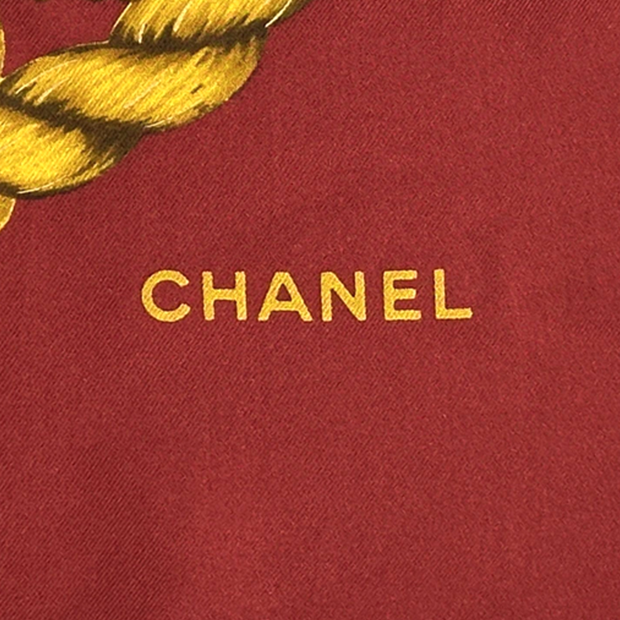 Chanel Coco Mark scarf, women's, branded silk, red and yellow, large, grape tassel, fruitful plant design