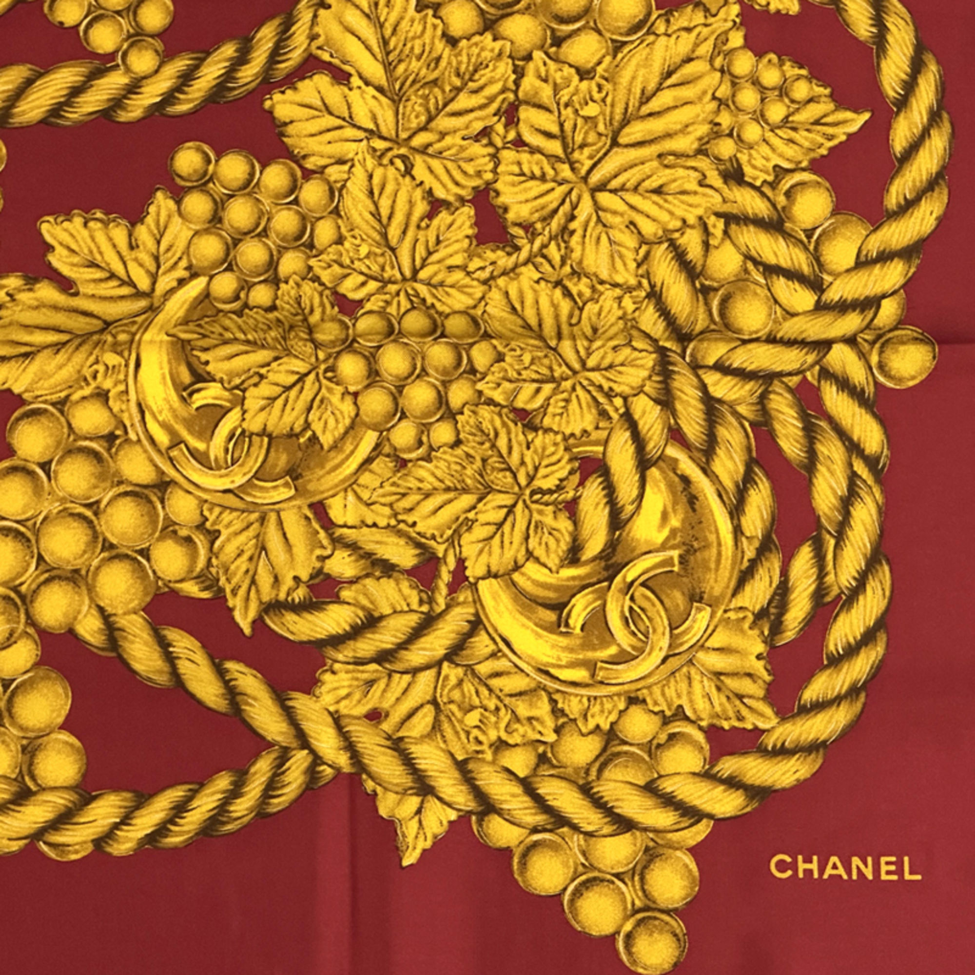Chanel Coco Mark scarf, women's, branded silk, red and yellow, large, grape tassel, fruitful plant design