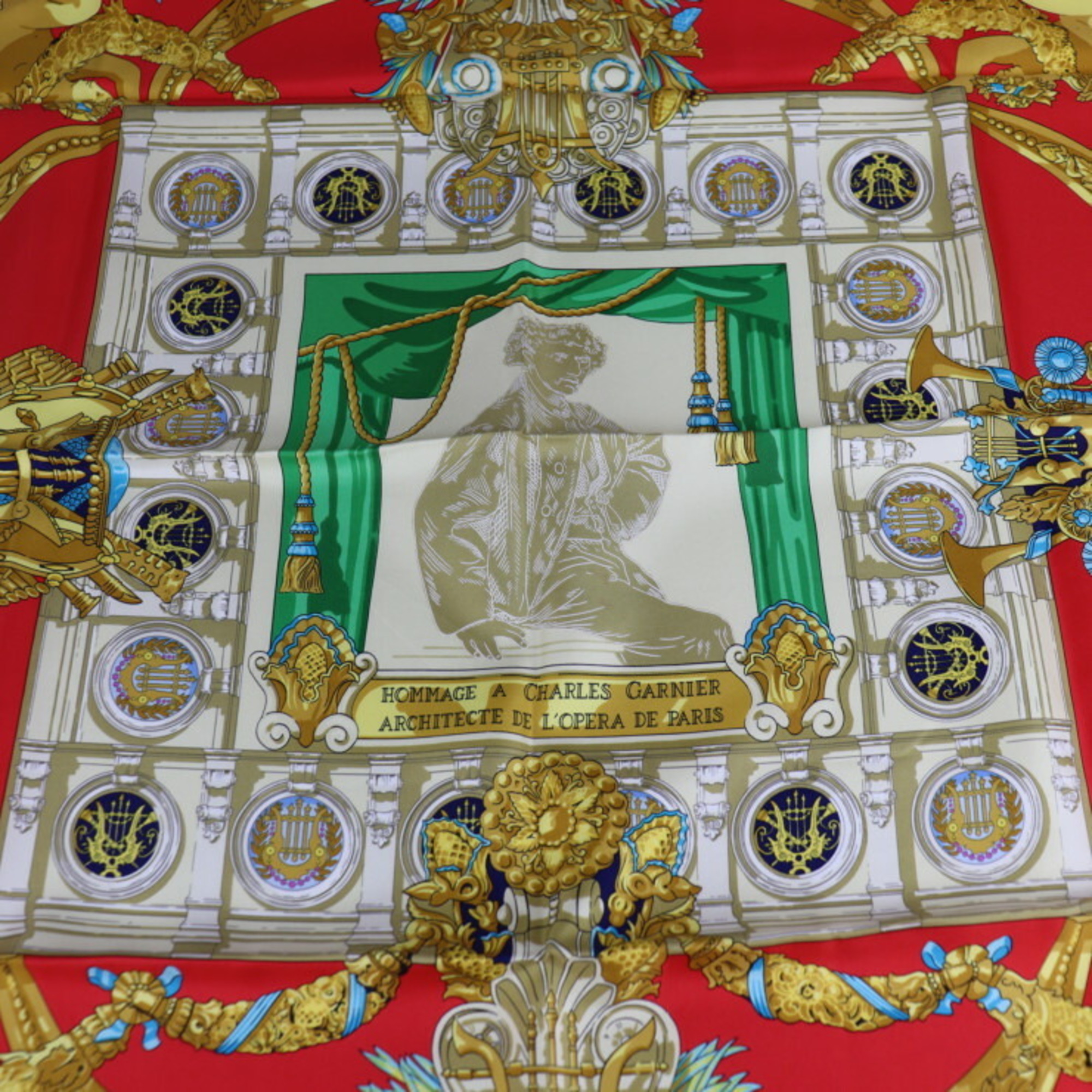 HERMES HOMMAGE A CHARLES GARNIER Tribute to Charles Garnier Carre 90 Scarf/Muffler Silk Red Multicolor R2217033007064
