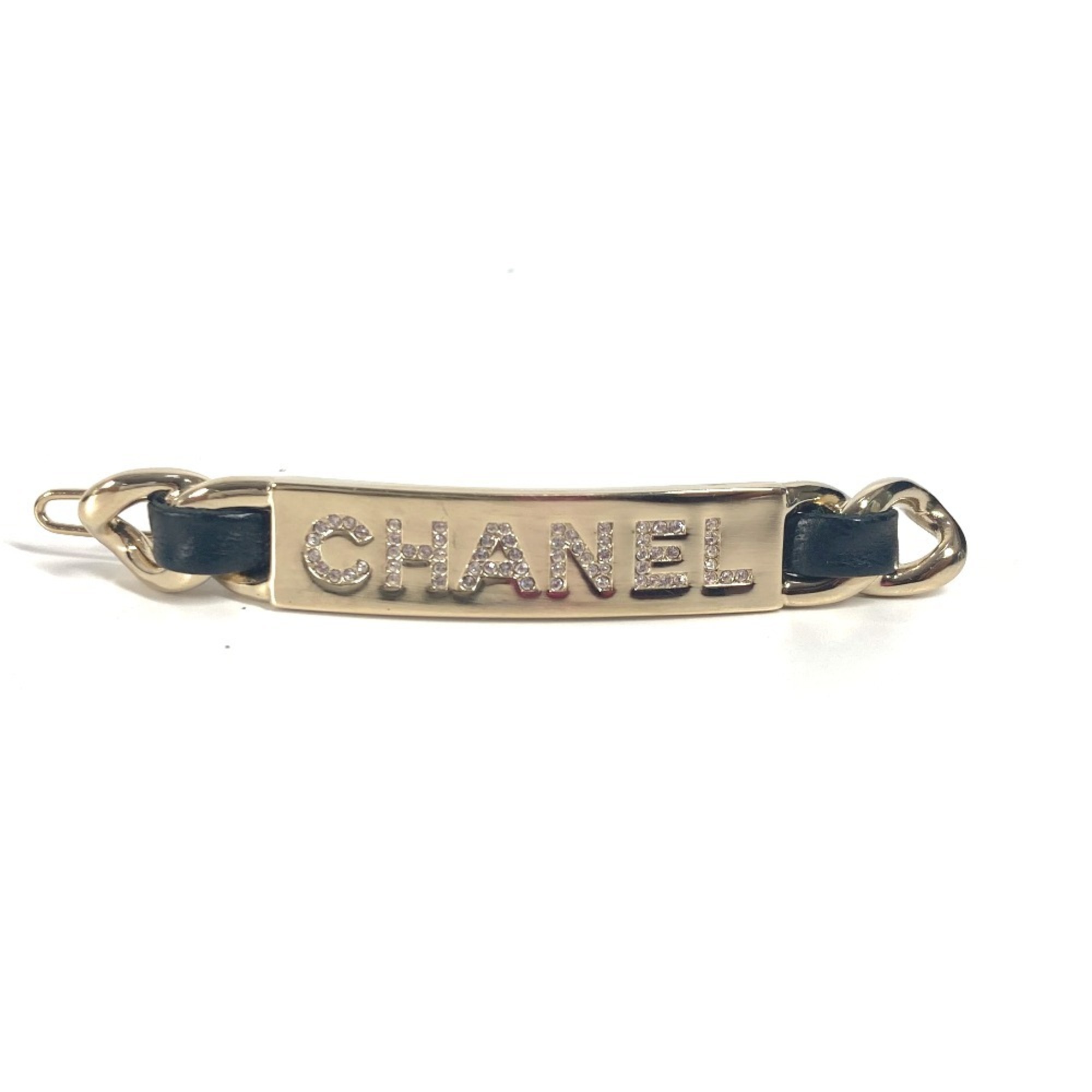 CHANEL B20B Logo Rhinestone Hair Accessory Hairpin Barrette Metal Women's Black