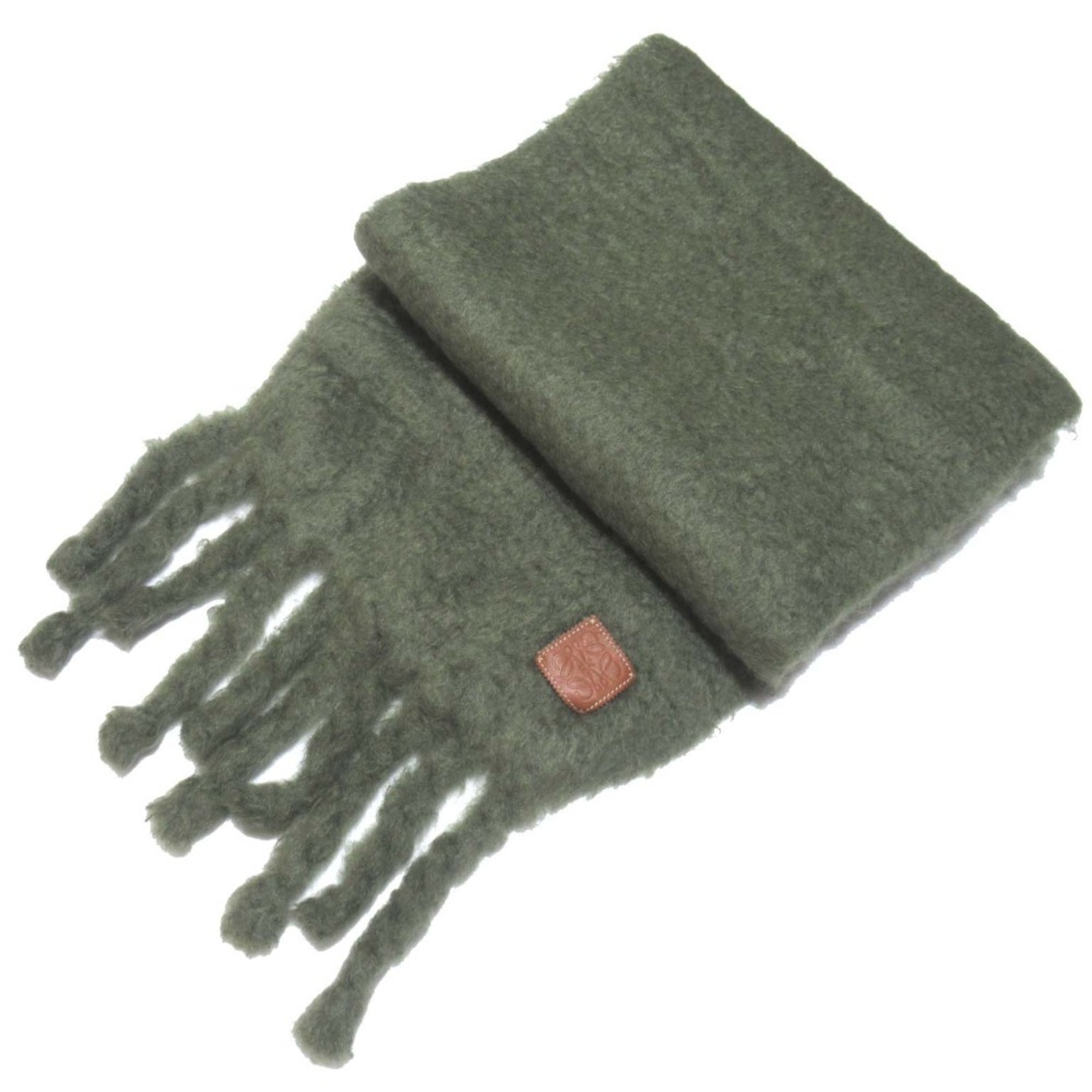 LOEWE Anagram Patch Mohair Knit Fringe Scarf F000487X28 Dusty Olive for Men and Women
