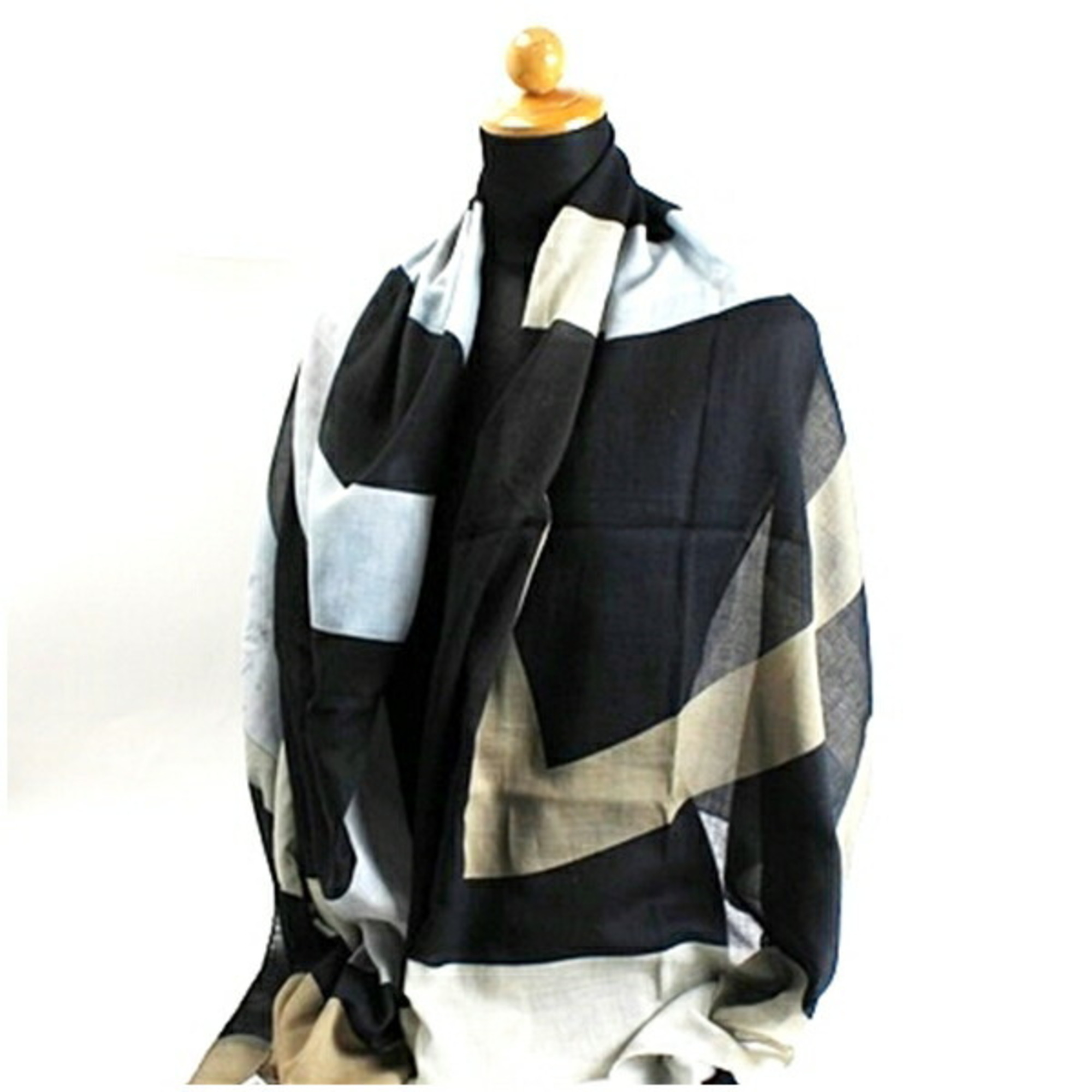 Chanel Cotton Large Scarf Rectangular Black x Gray Khaki CHANEL Women's