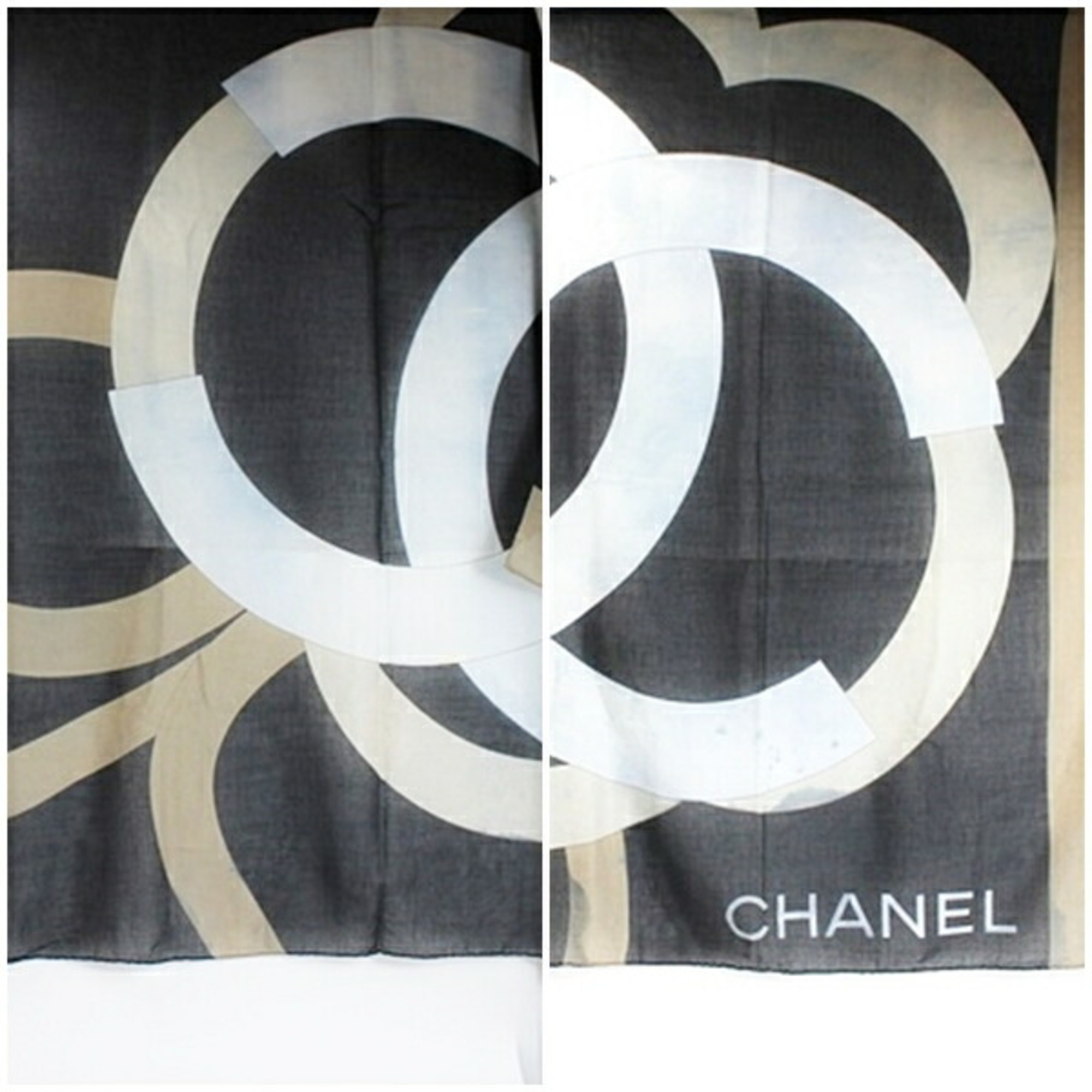 Chanel Cotton Large Scarf Rectangular Black x Gray Khaki CHANEL Women's