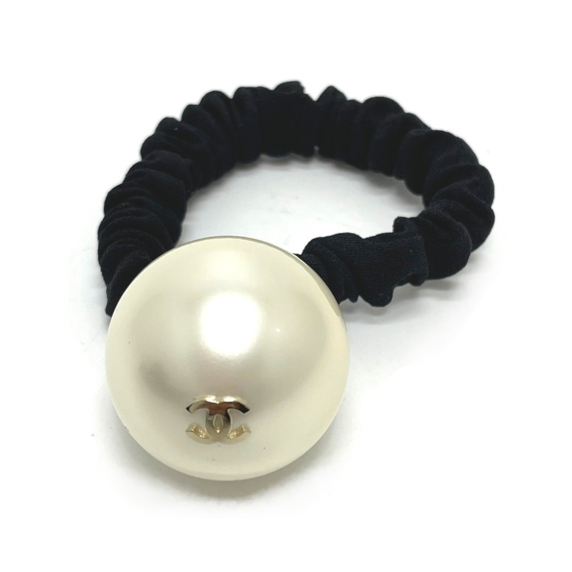 CHANEL CC Coco Mark Scrunchie F22V Hair Tie, Faux Pearl, Women's, Black x White