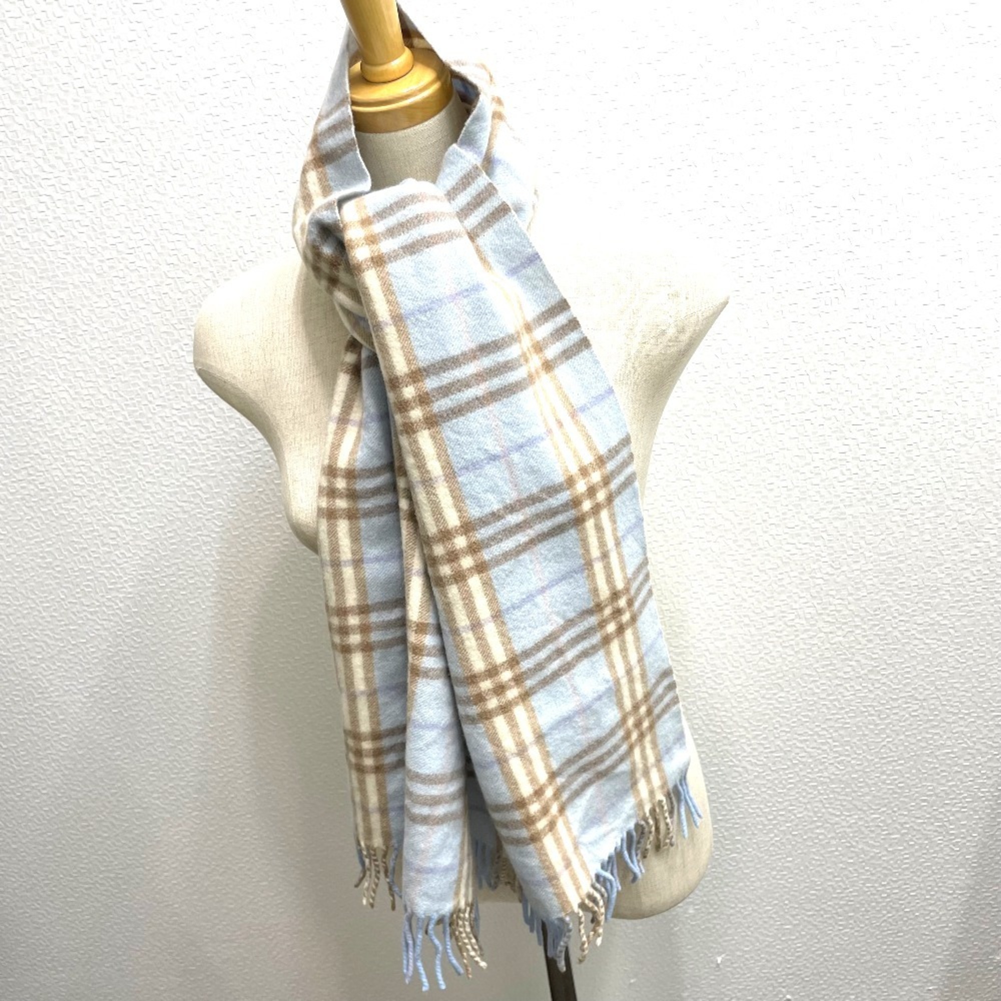 BURBERRY Check New Tag/Fringe Scarf Wool/Cashmere Unisex Blue