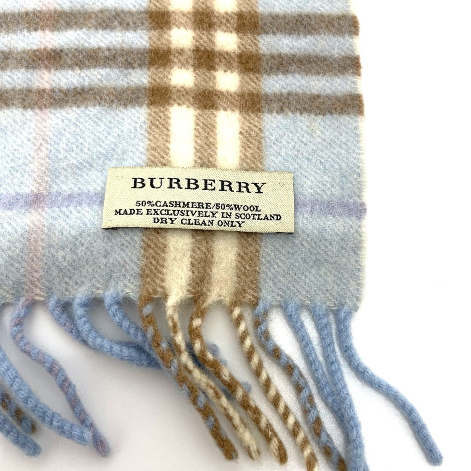 BURBERRY Check New Tag/Fringe Scarf Wool/Cashmere Unisex Blue