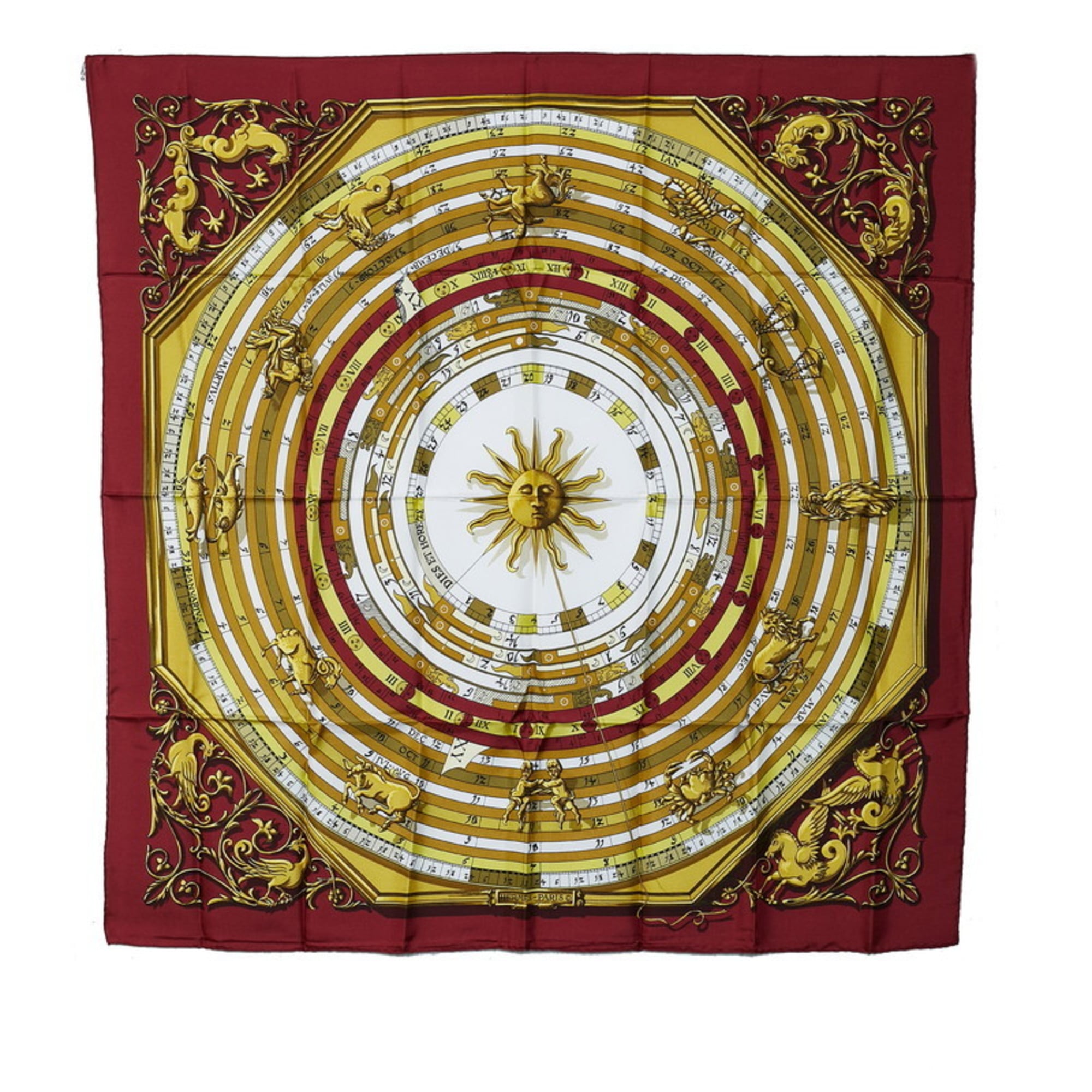 Hermes Carre 90 Astrology DIES ET HORE Scarf Muffler Gold Red Silk Women's HERMES
