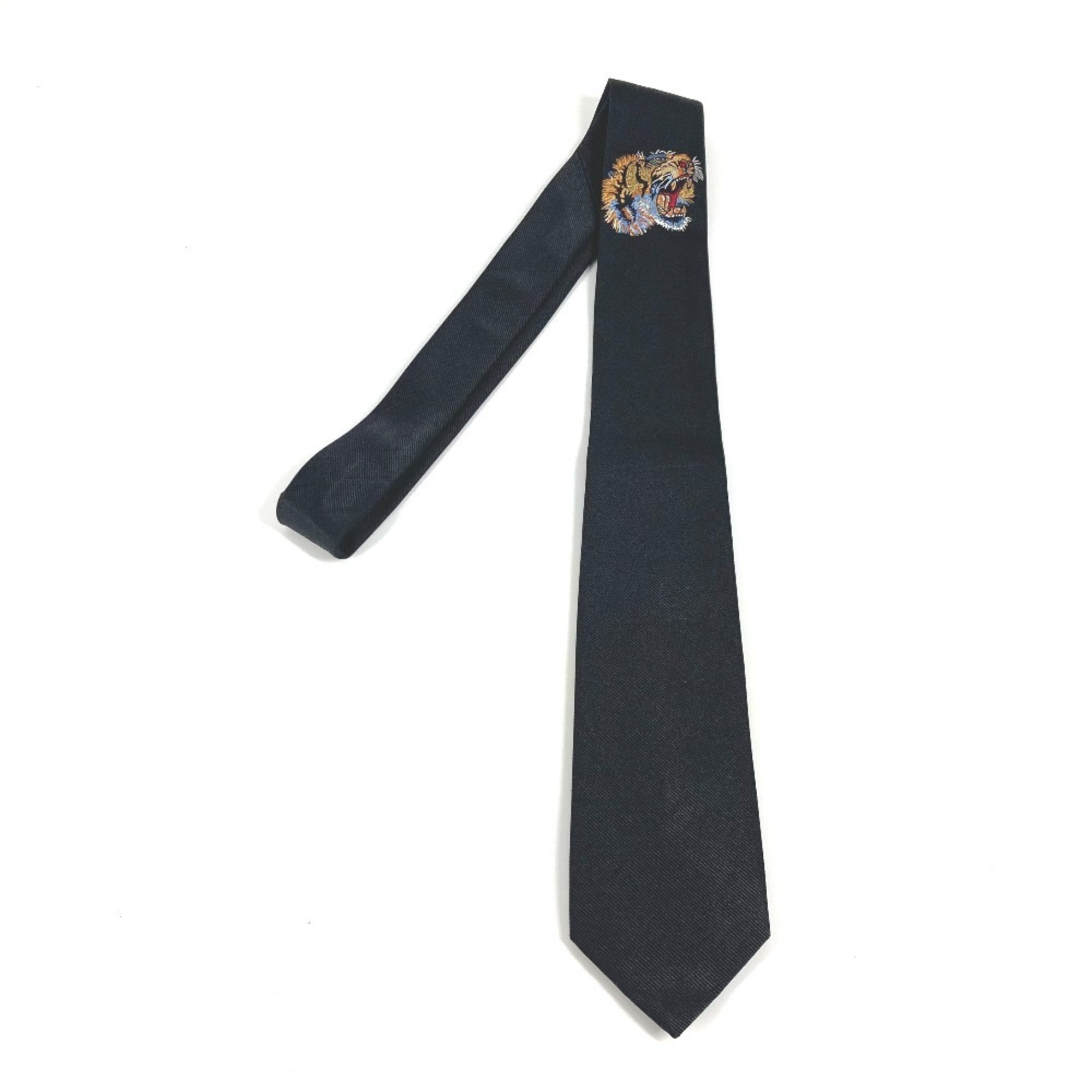 GUCCI Tiger Embroidery Animal Accessory Silk Necktie Men's Black Like New