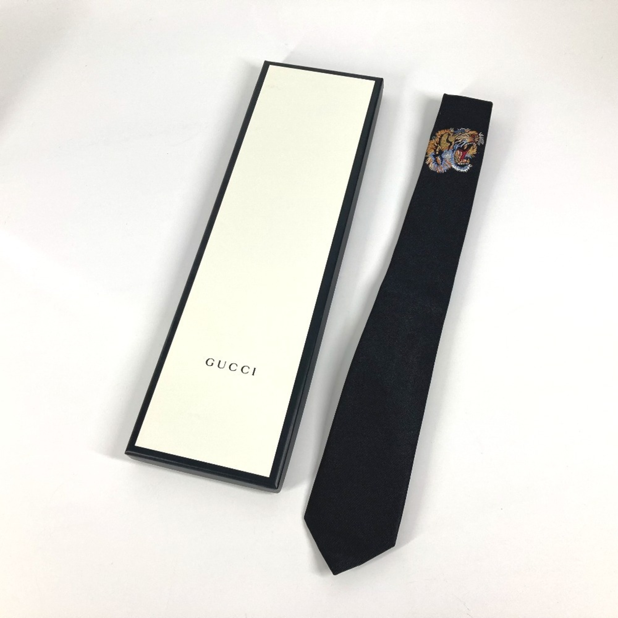 GUCCI Tiger Embroidery Animal Accessory Silk Necktie Men's Black Like New