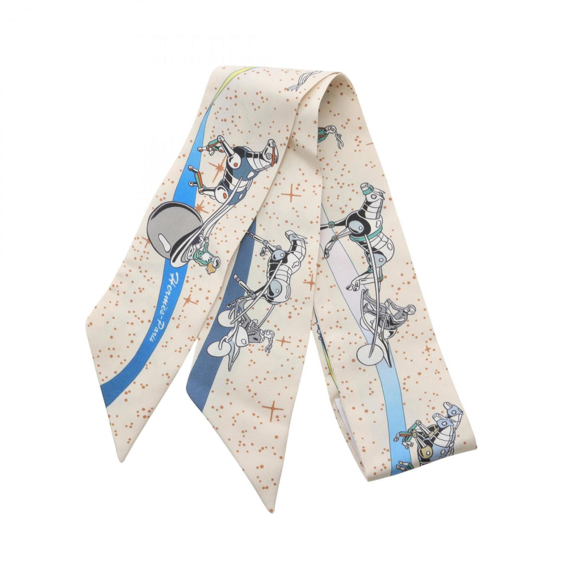 Hermes Hermès Twilly SPACE DERV Silk Scarf for Women, Ivory Multicolor