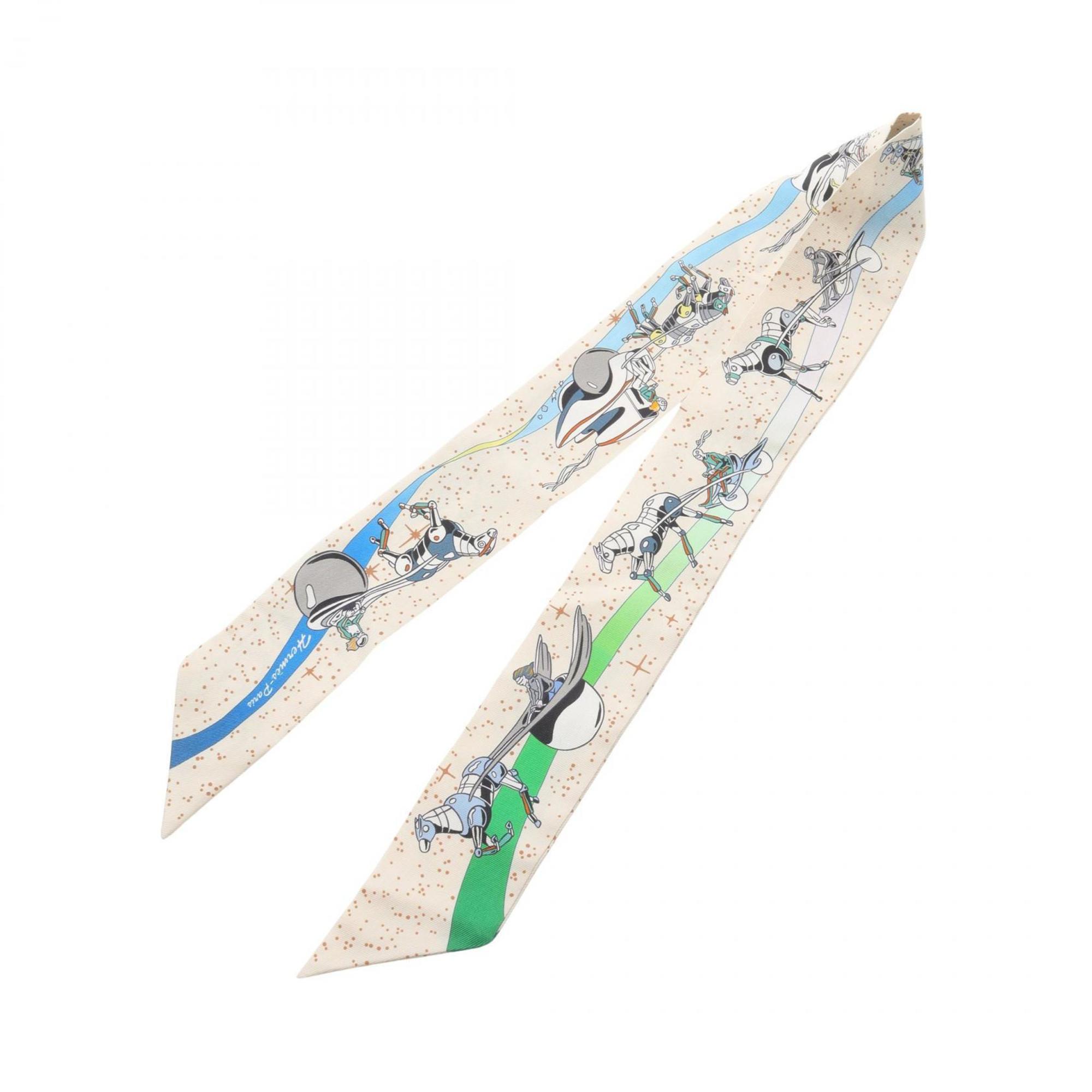 Hermes Hermès Twilly SPACE DERV Silk Scarf for Women, Ivory Multicolor