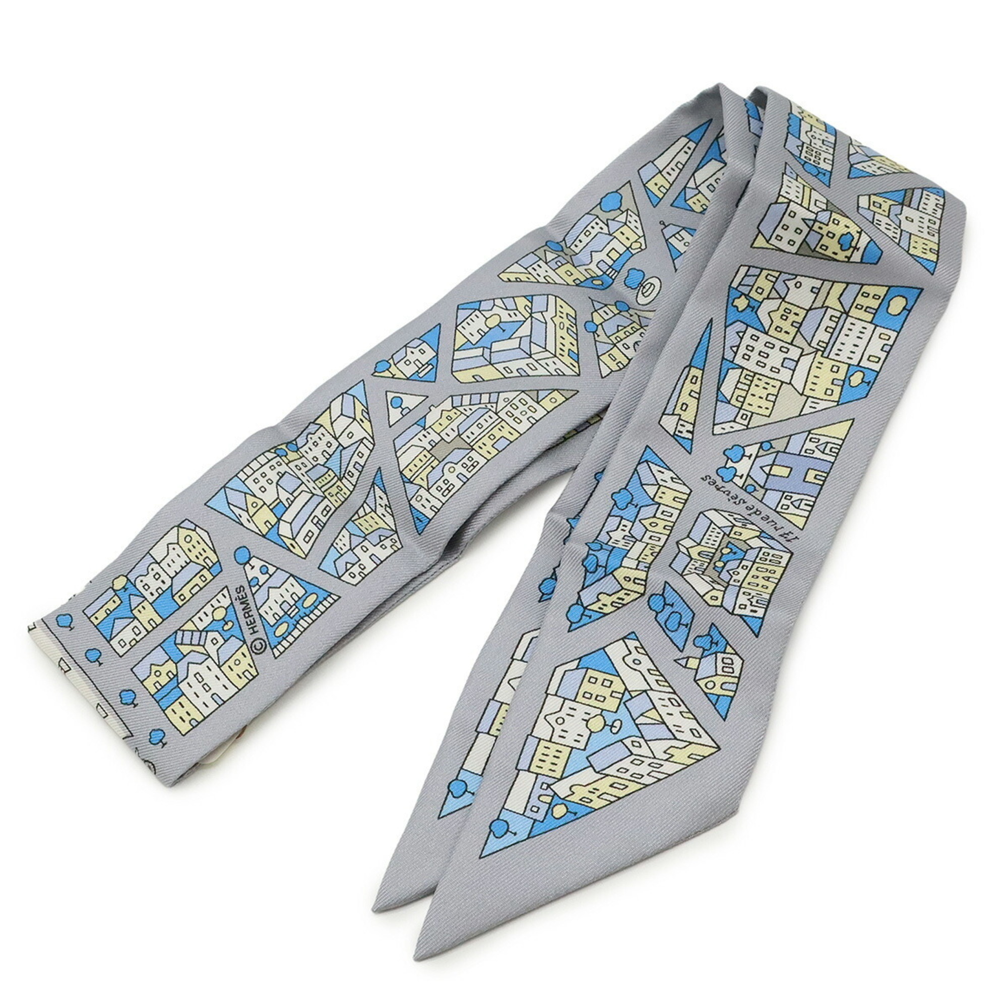 HERMES TWELL Twilly Scarf/Muffler Bag Rive Droite Gauche Right Bank and Left 100% Silk Gray