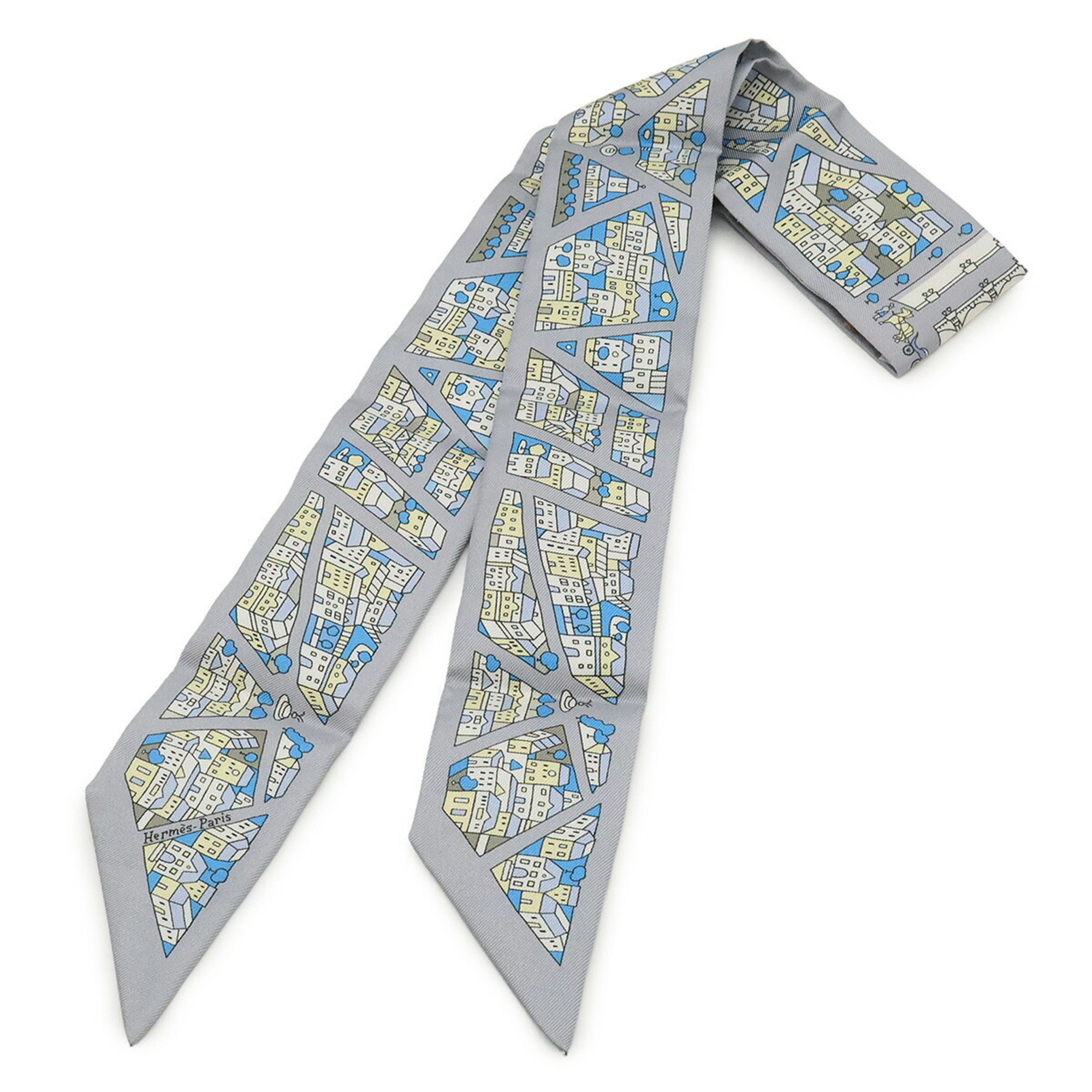 HERMES TWELL Twilly Scarf/Muffler Bag Rive Droite Gauche Right Bank and Left 100% Silk Gray