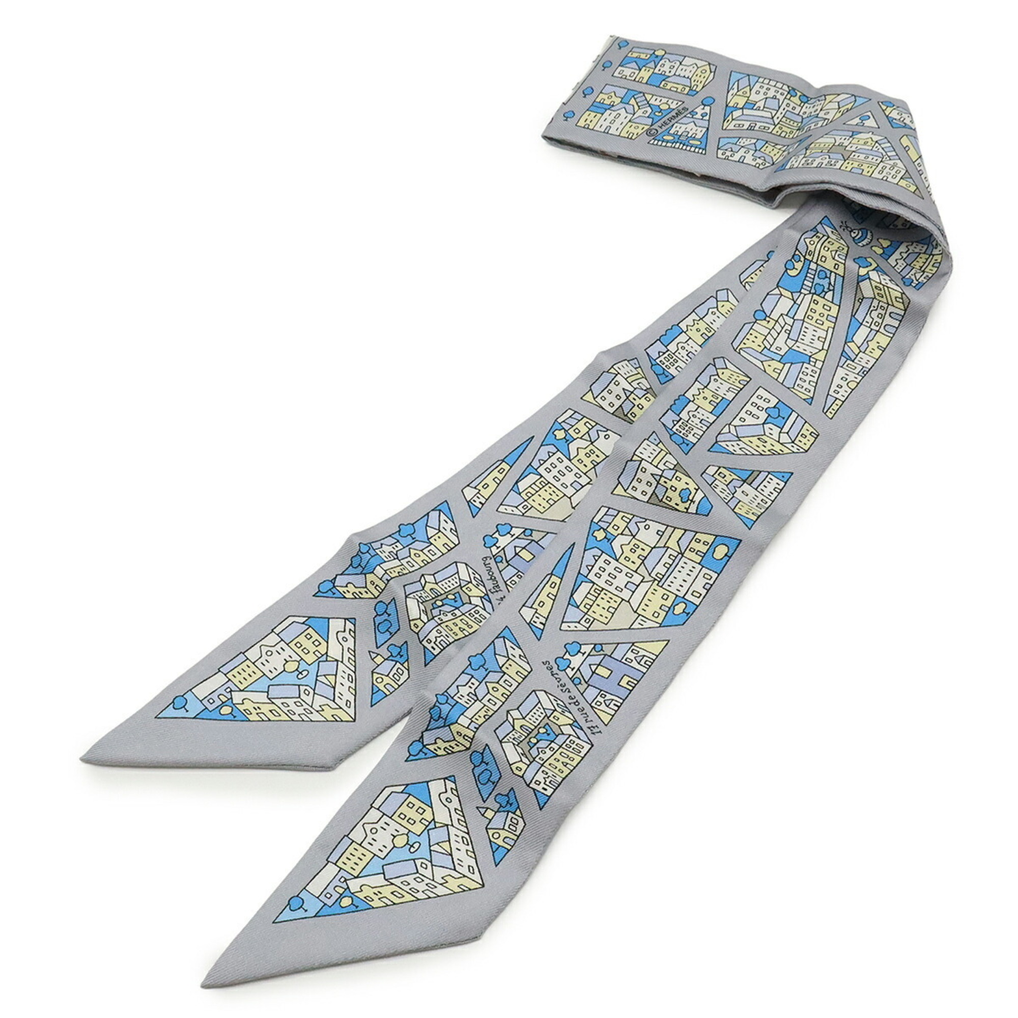 HERMES TWELL Twilly Scarf/Muffler Bag Rive Droite Gauche Right Bank and Left 100% Silk Gray