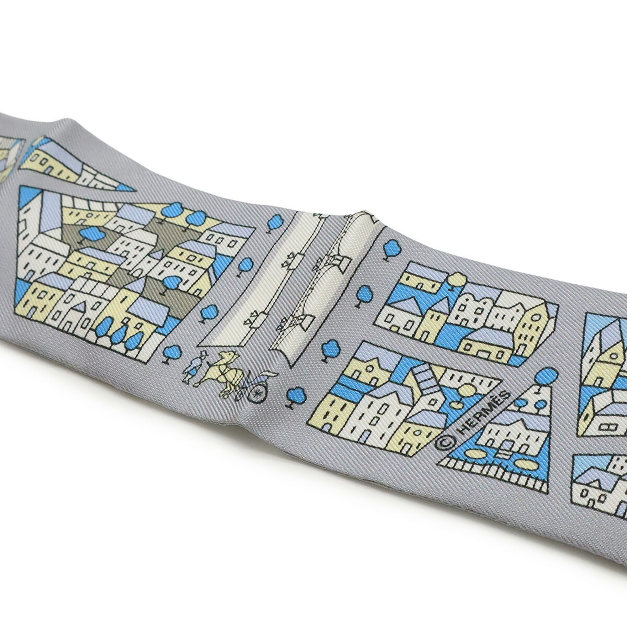 HERMES TWELL Twilly Scarf/Muffler Bag Rive Droite Gauche Right Bank and Left 100% Silk Gray