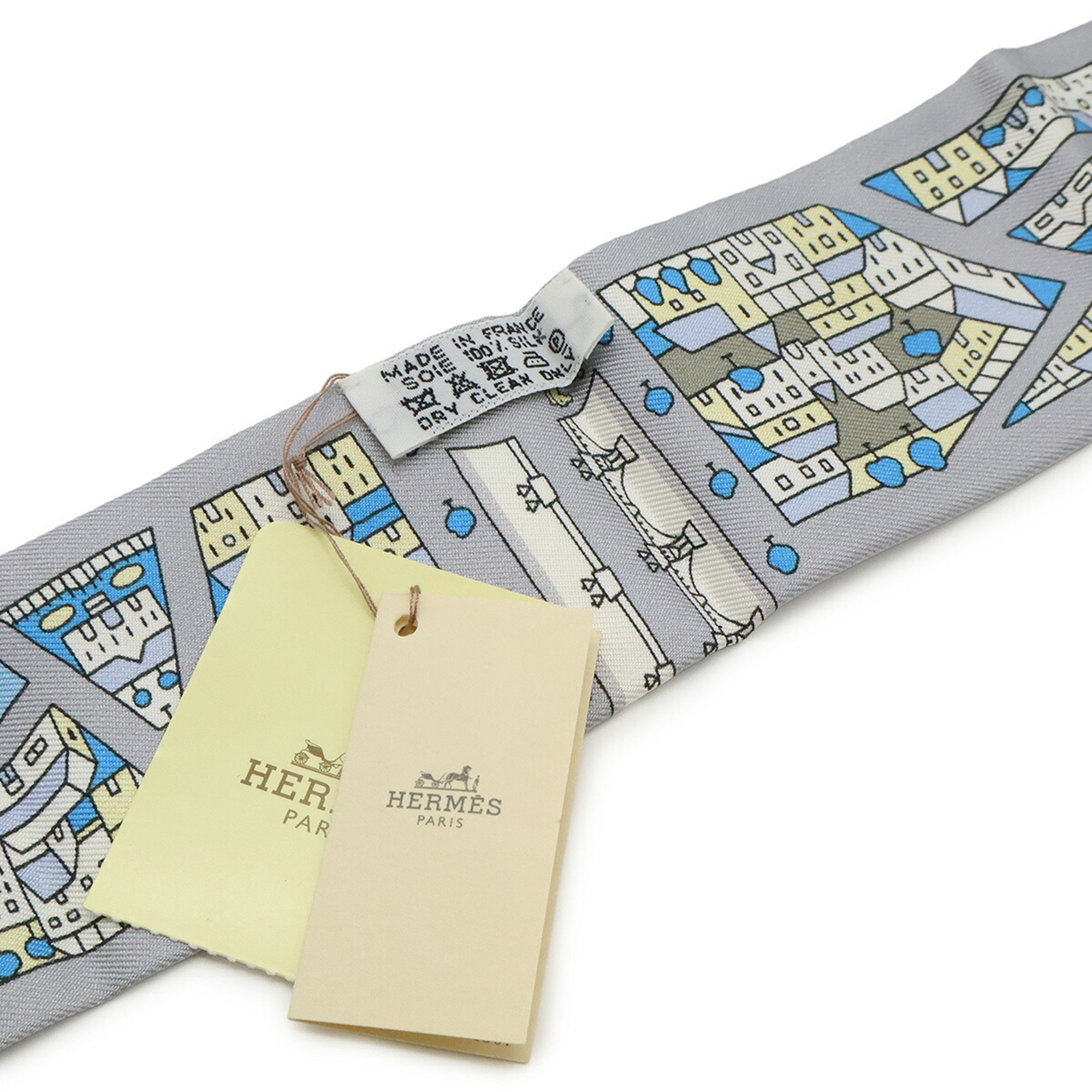 HERMES TWELL Twilly Scarf/Muffler Bag Rive Droite Gauche Right Bank and Left 100% Silk Gray