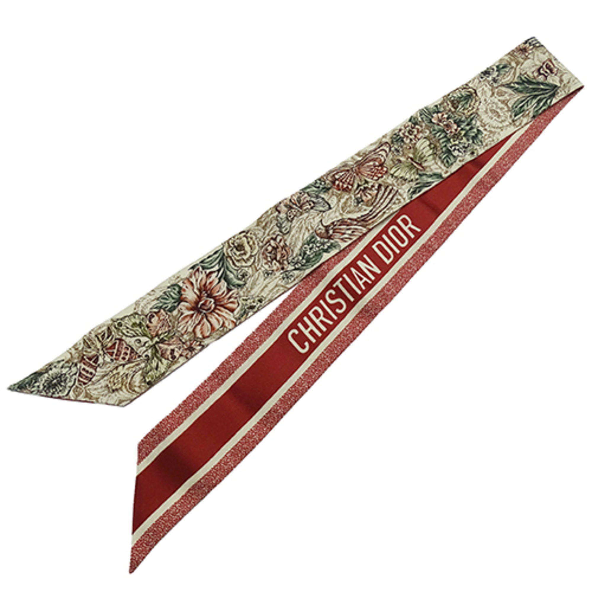 Christian Dior Dior women’s silk scarf, Mitzah, red, featuring a floral, butterfly, plant, and bird pattern with logo.