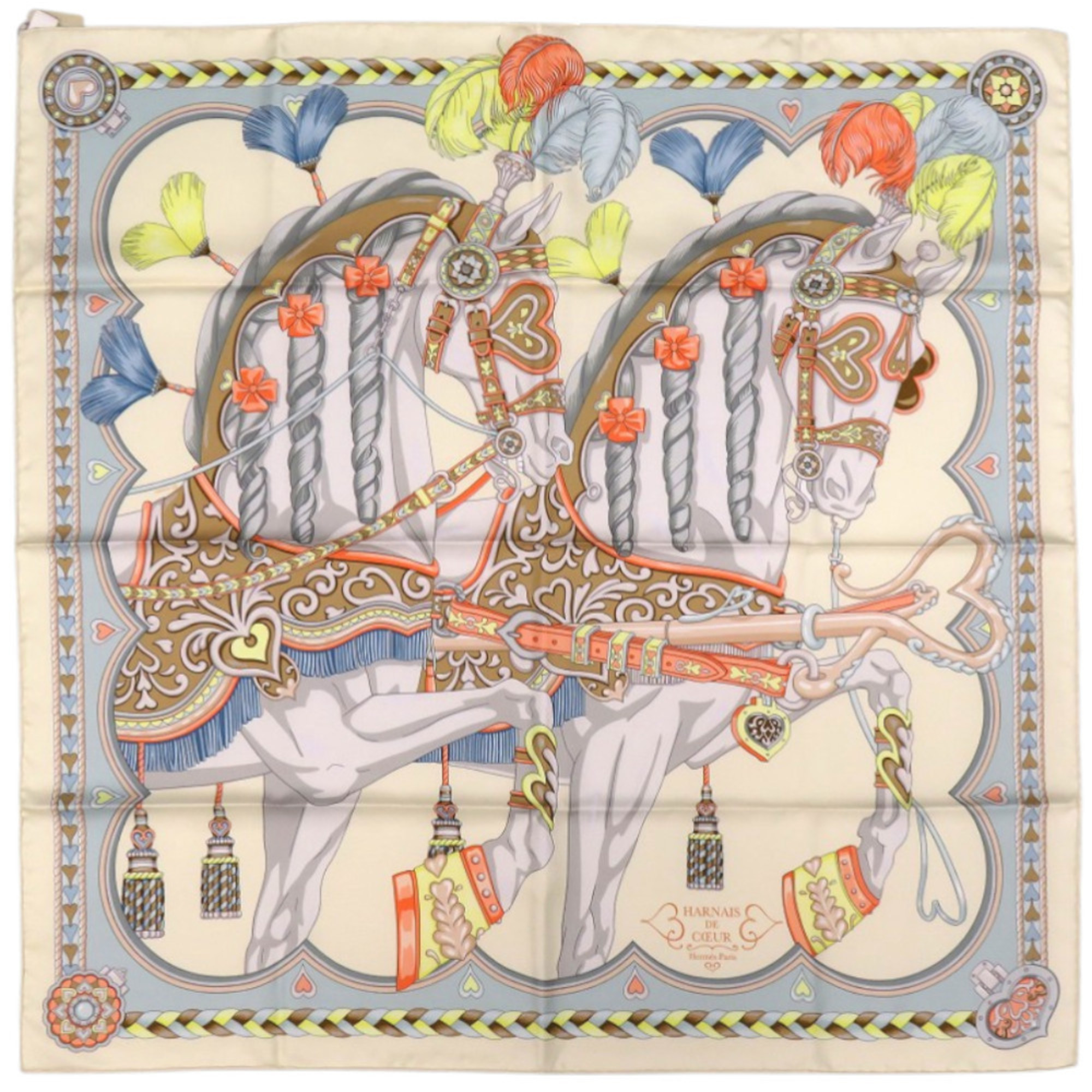 Like new Hermès Carré 90 Arne de Coeur Silk Creme Gris Perle Apricot Cream Scarf Muffler 0758 HERMES