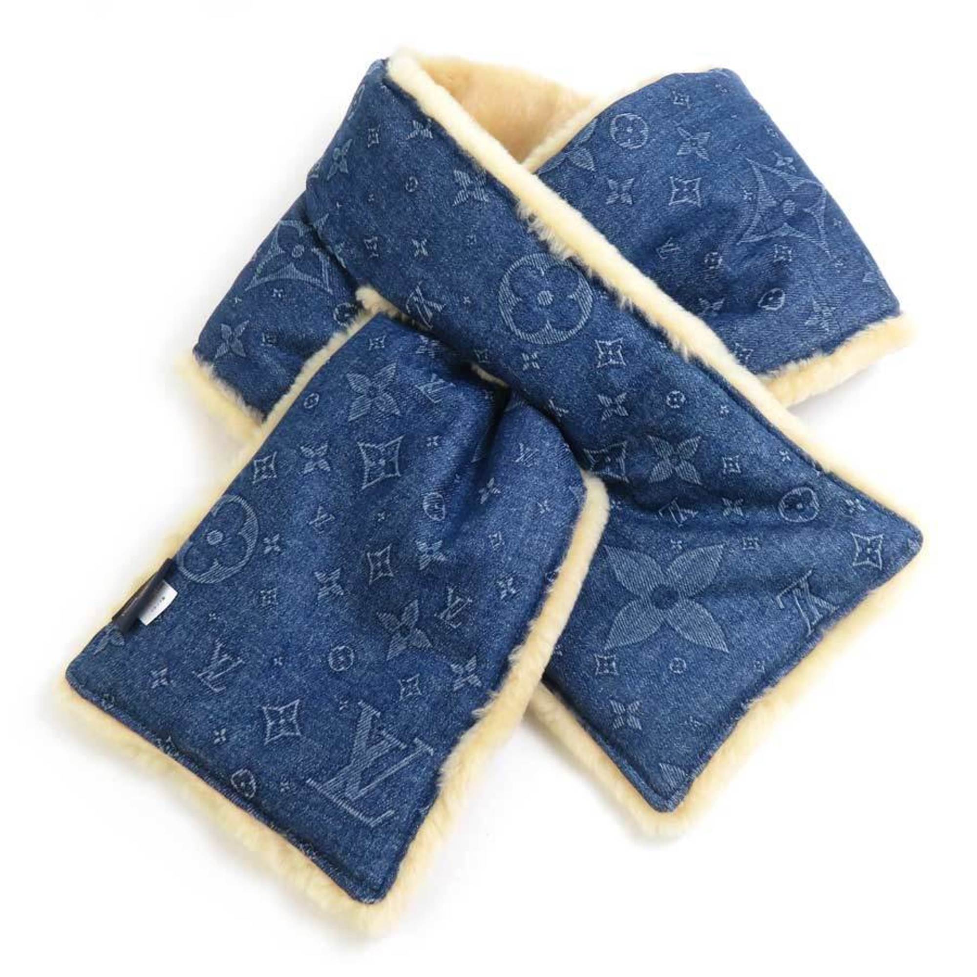 Louis Vuitton LOUIS VUITTON Stole/Scarf Echarpe Shearling Denim Cotton Sheepskin Blue Beige Men's Women's M77144 e60262a