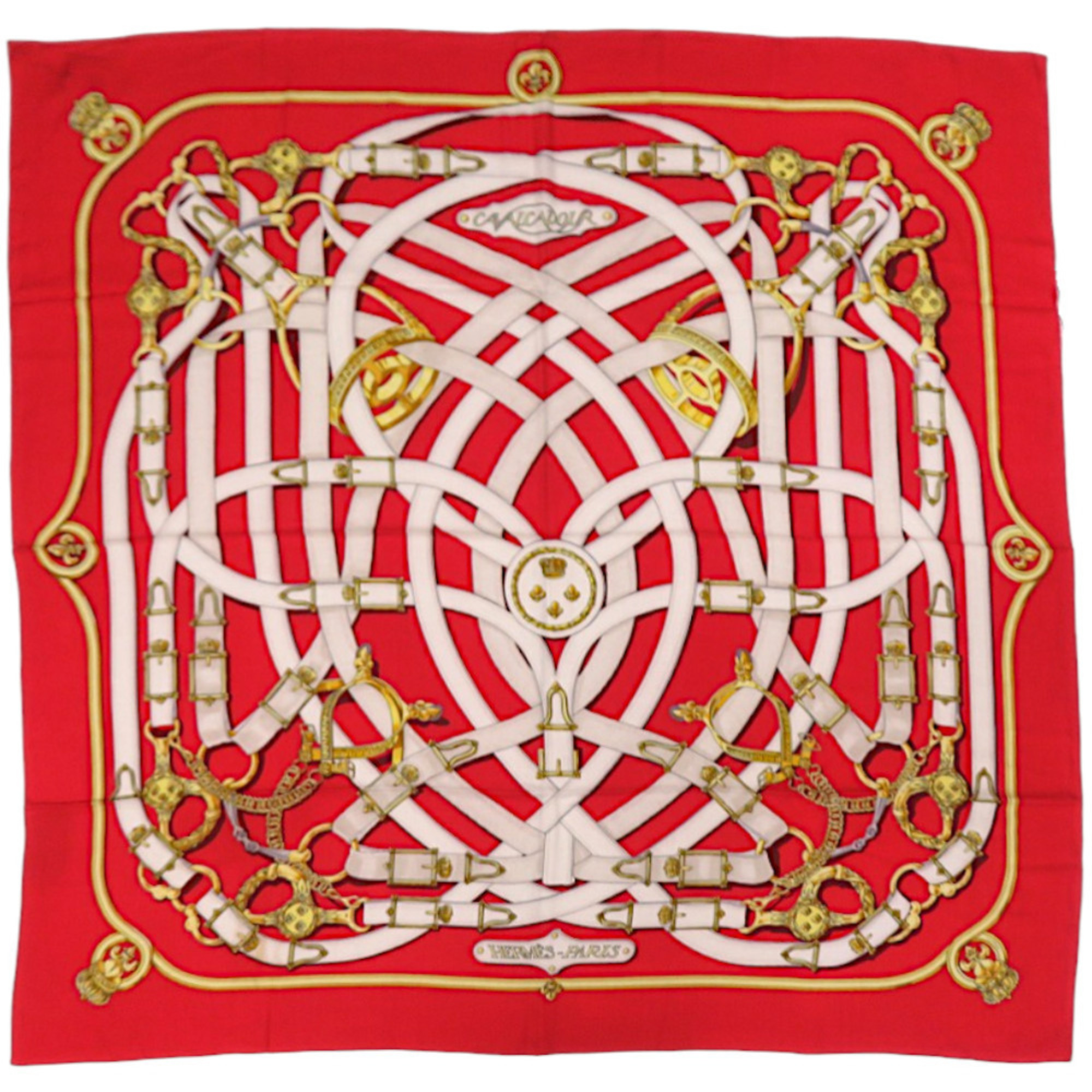 Hermes Like new Hermès Carré 140 CAVALCADOUR cashmere and silk scarf in red (1379)