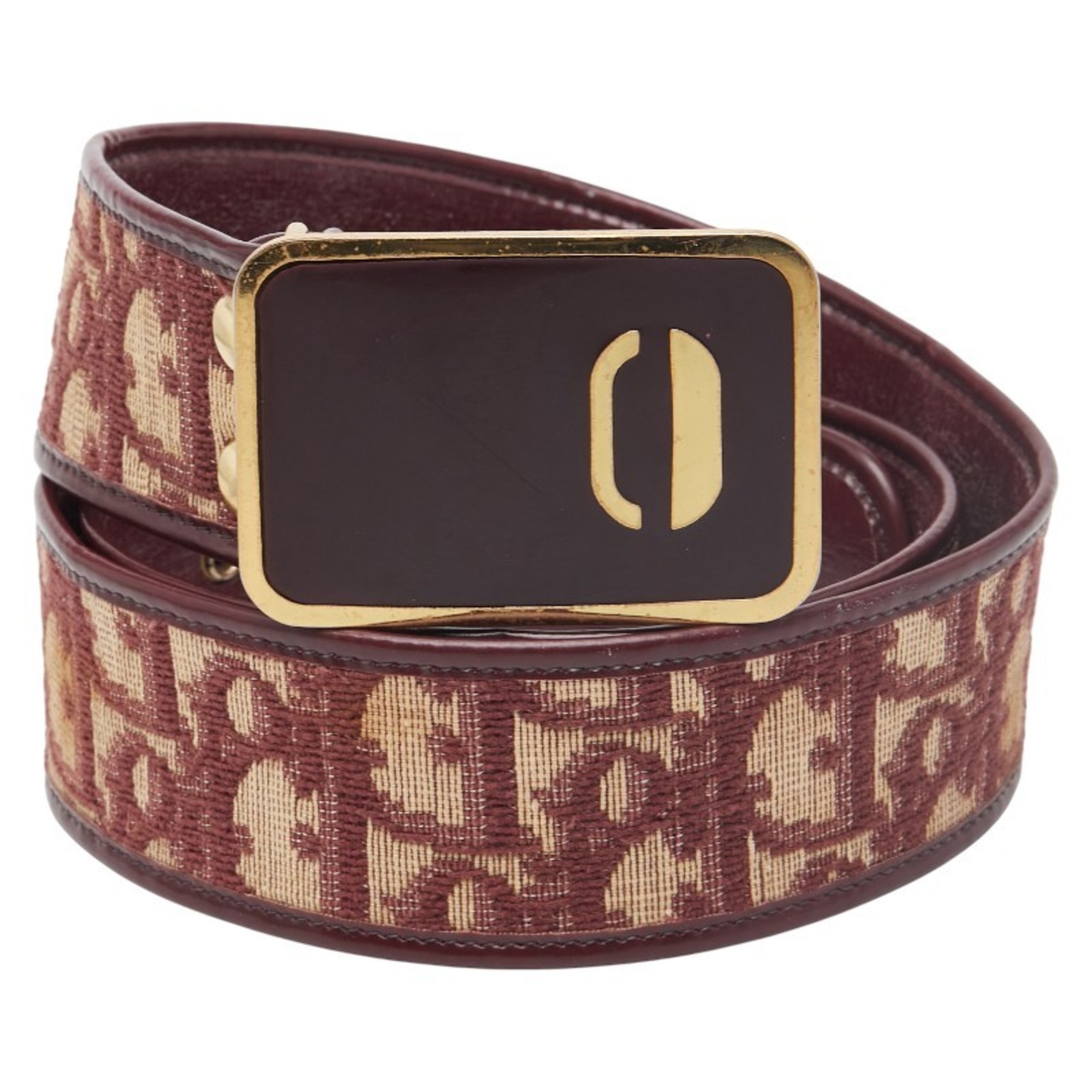 Christian Dior Dior Trotter Belt, Size 75, Wine Red and Gold Canvas Leather, Women’s,