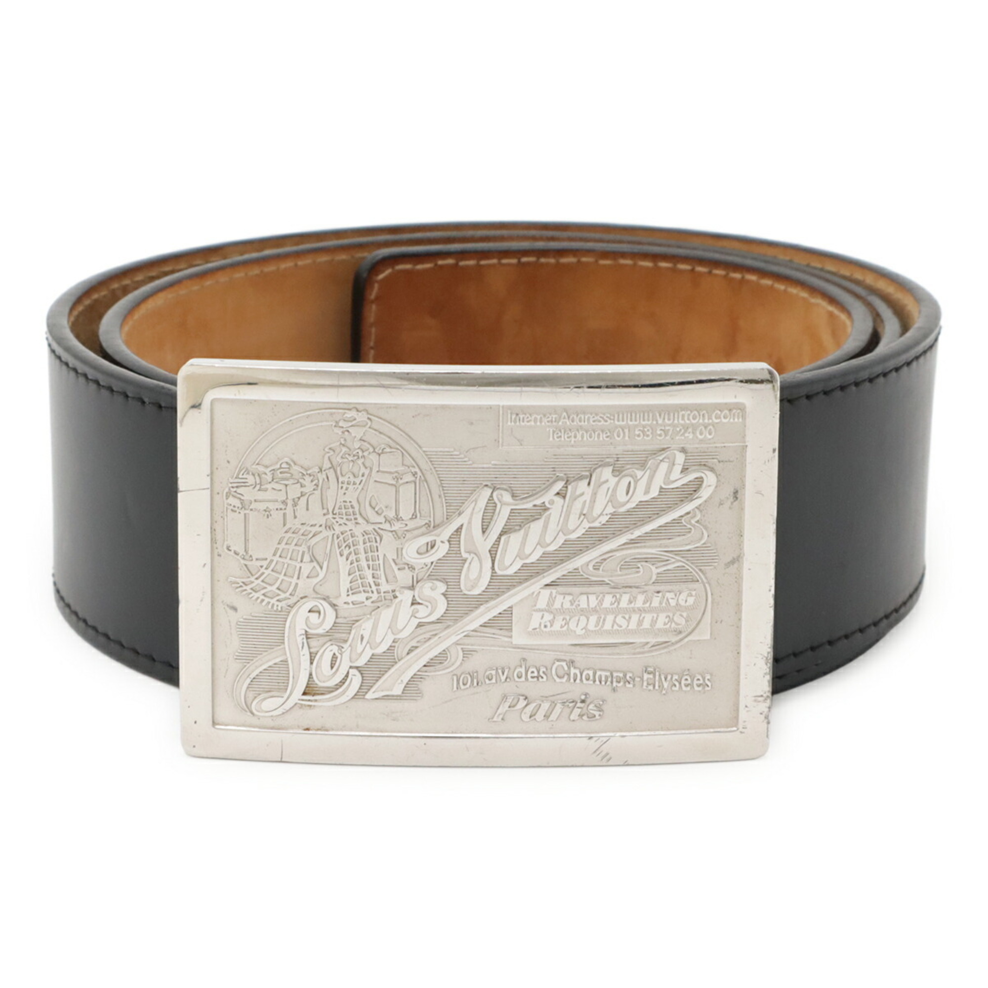 LOUIS VUITTON Santur Jeans Belt, Black Leather, Men's, #90, M6812U