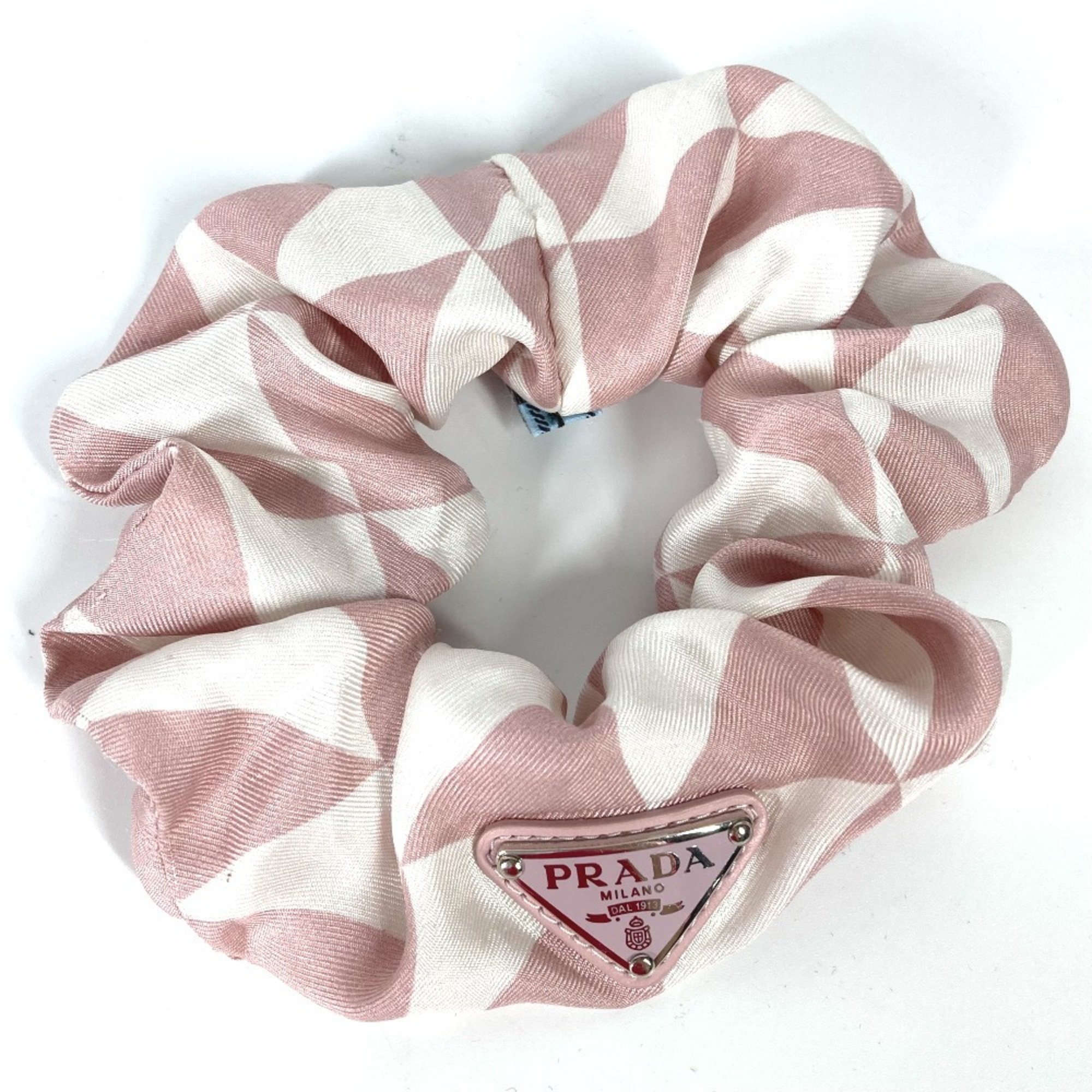 PRADA 1IF015 Triangle Logo Hair Accessory, Nylon Scrunchie, Pink, Women’s