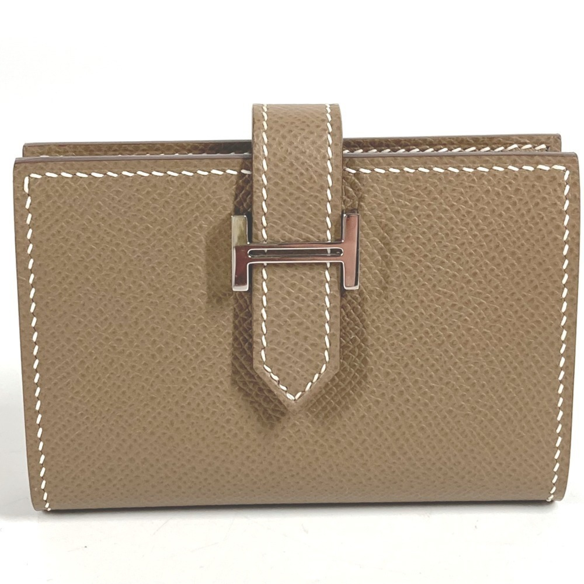 HERMES Bearn H Logo Business Card Case/Pass Case Bifold Leather for Men and Women, Etoupe Beige