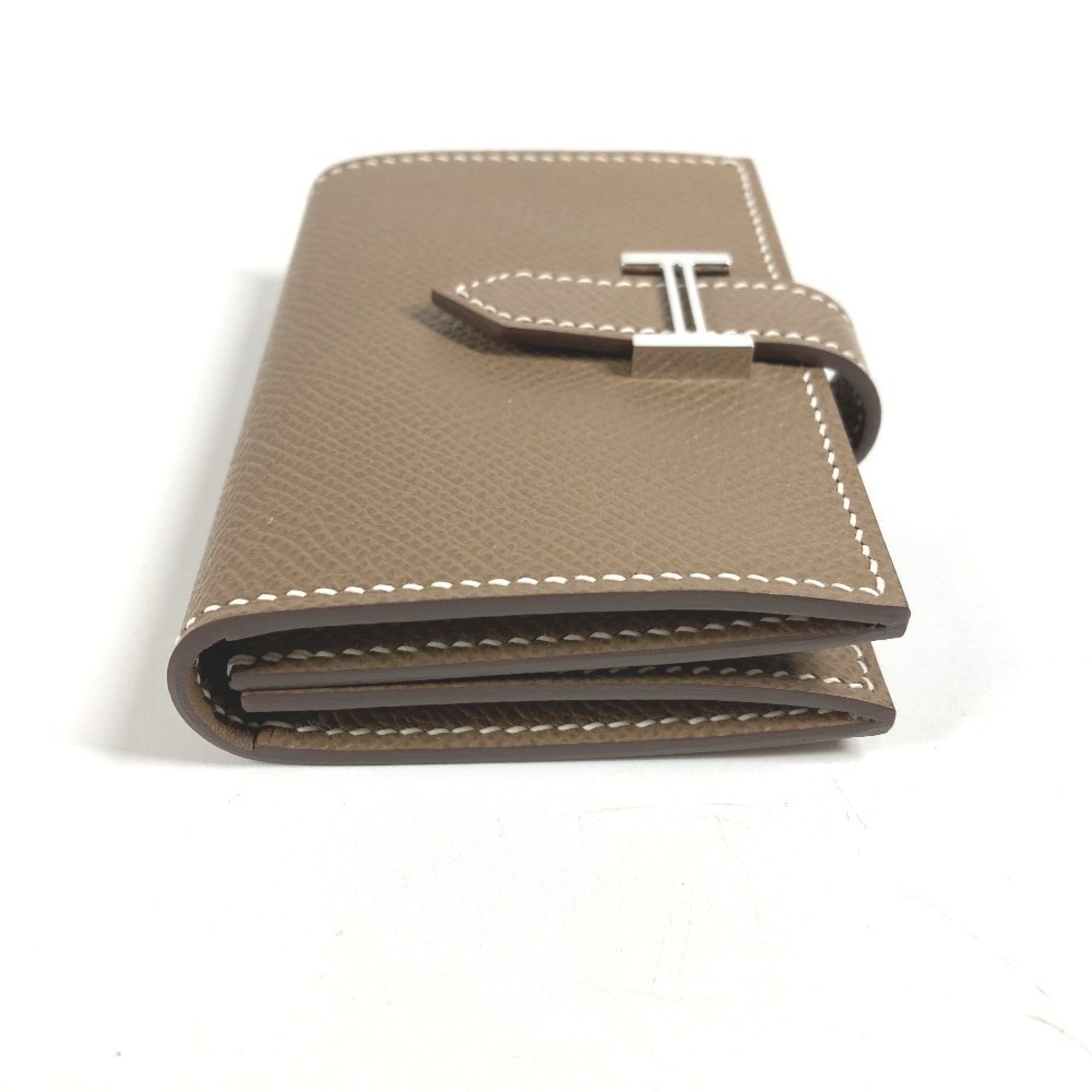 HERMES Bearn H Logo Business Card Case/Pass Case Bifold Leather for Men and Women, Etoupe Beige