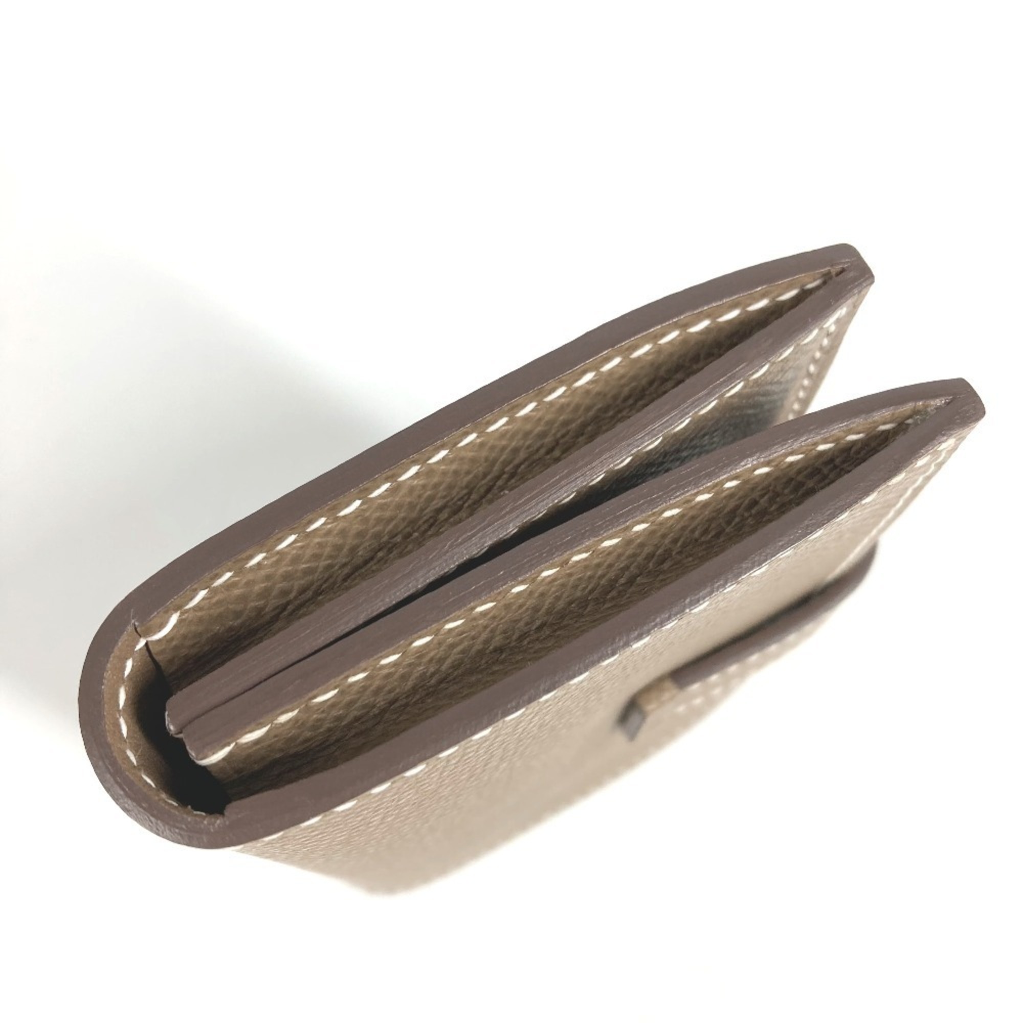 HERMES Bearn H Logo Business Card Case/Pass Case Bifold Leather for Men and Women, Etoupe Beige