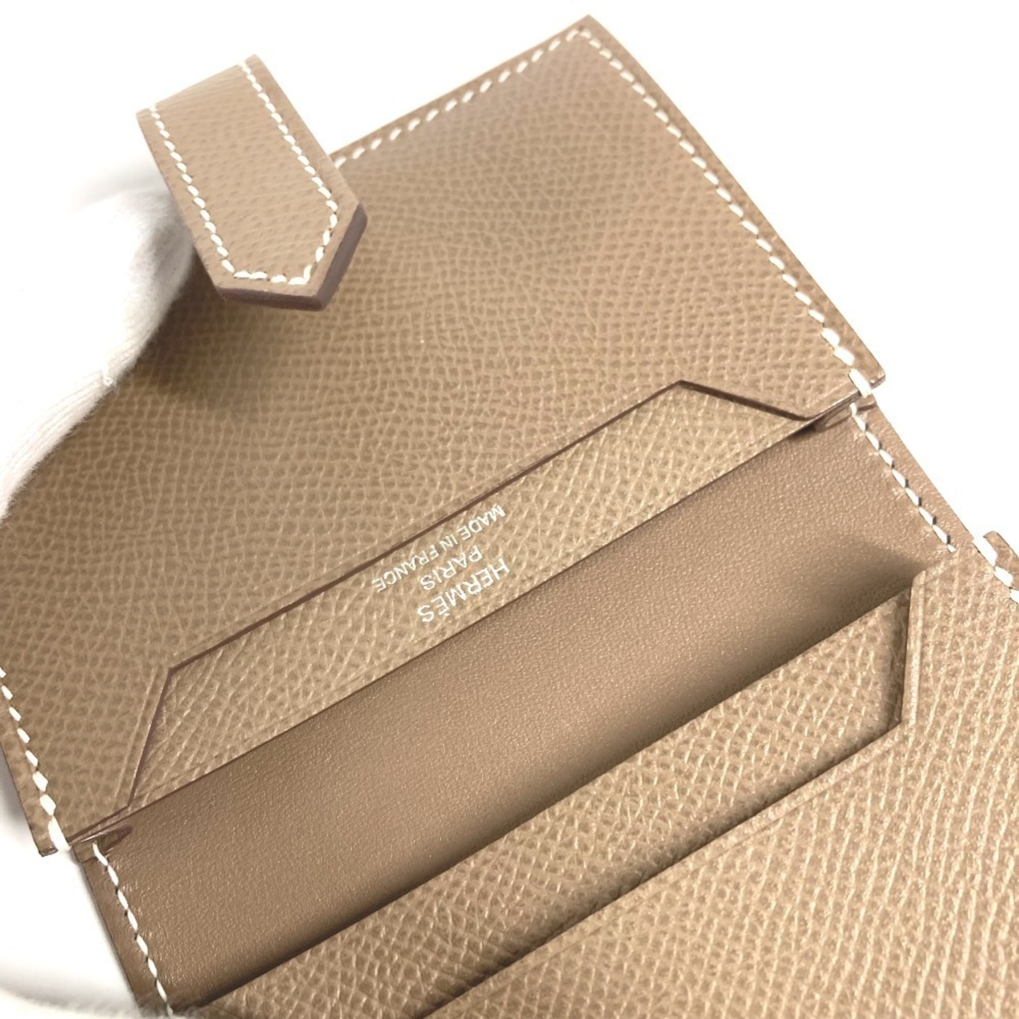 HERMES Bearn H Logo Business Card Case/Pass Case Bifold Leather for Men and Women, Etoupe Beige