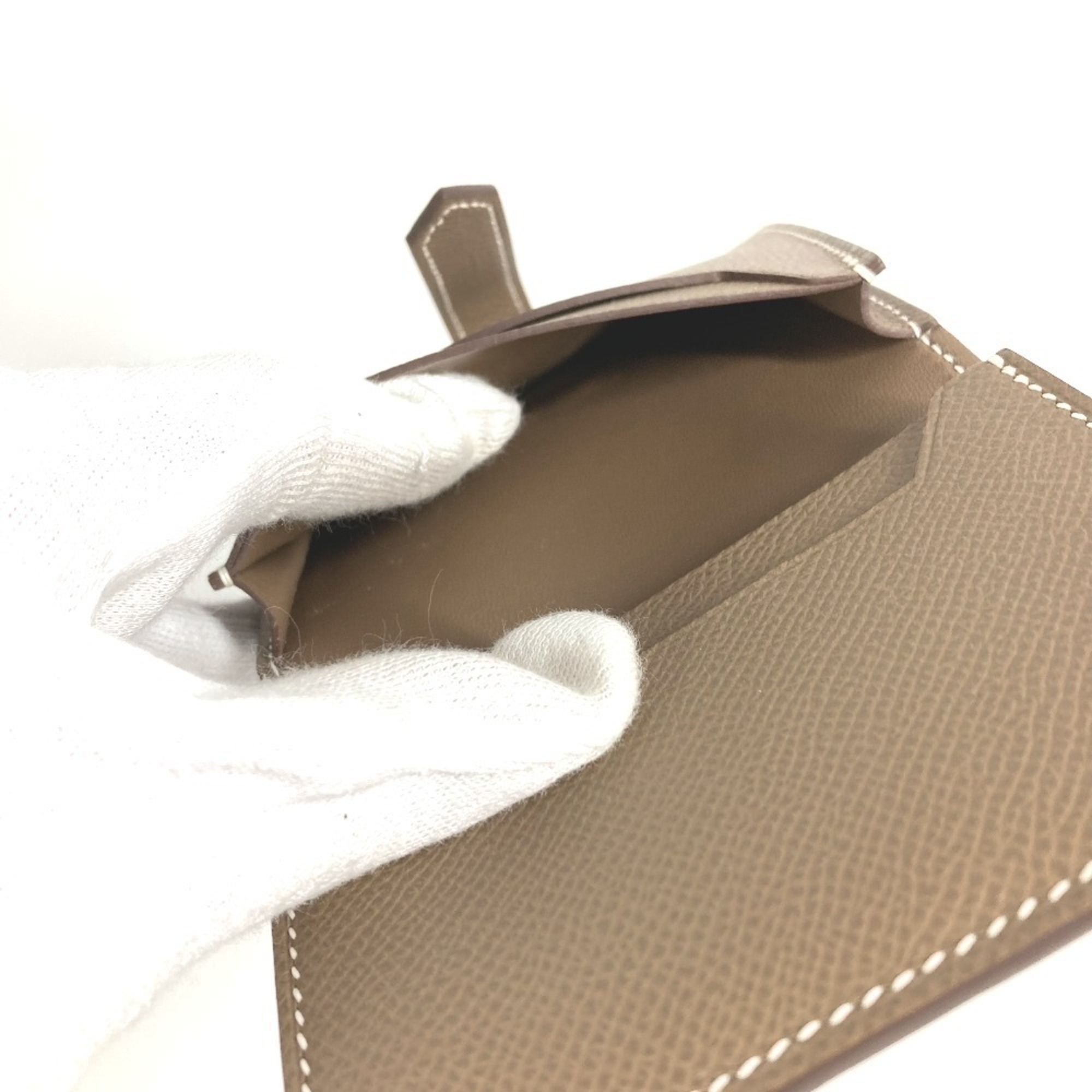 HERMES Bearn H Logo Business Card Case/Pass Case Bifold Leather for Men and Women, Etoupe Beige