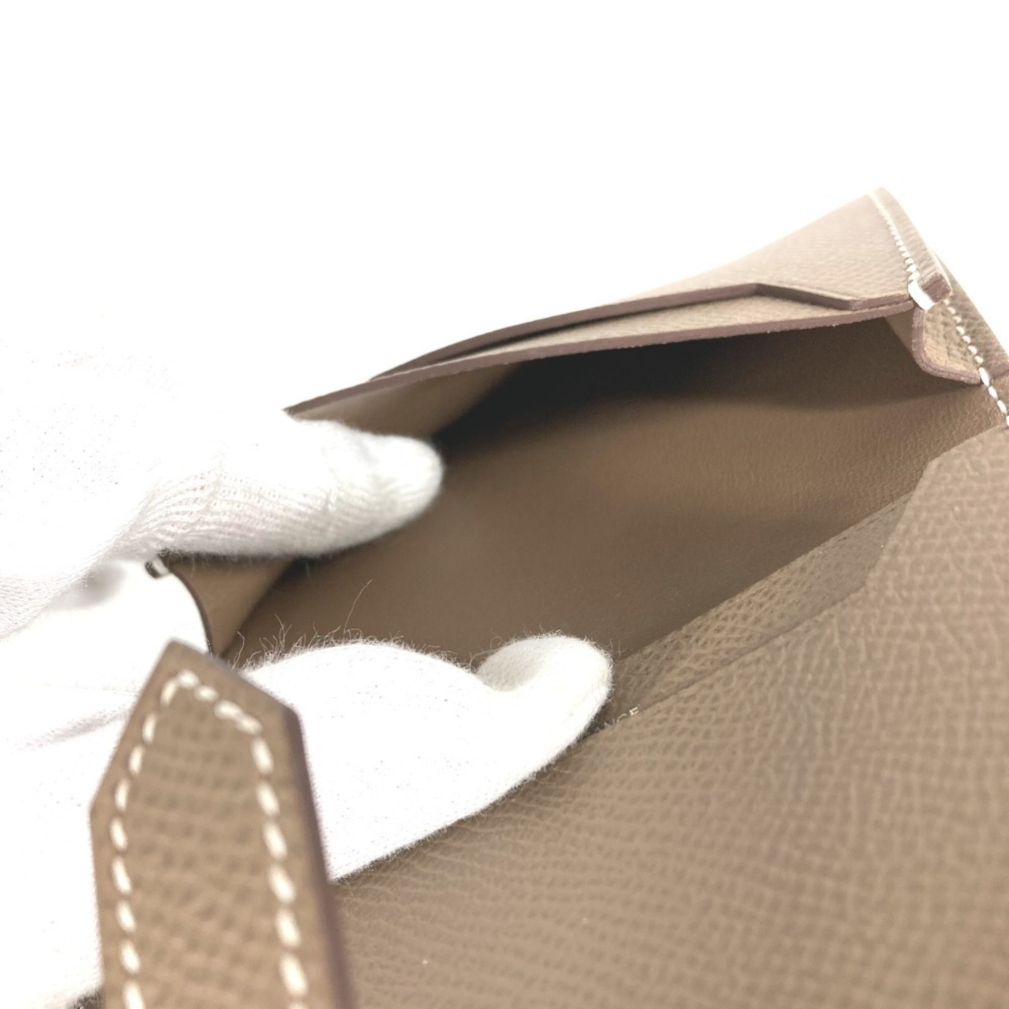 HERMES Bearn H Logo Business Card Case/Pass Case Bifold Leather for Men and Women, Etoupe Beige