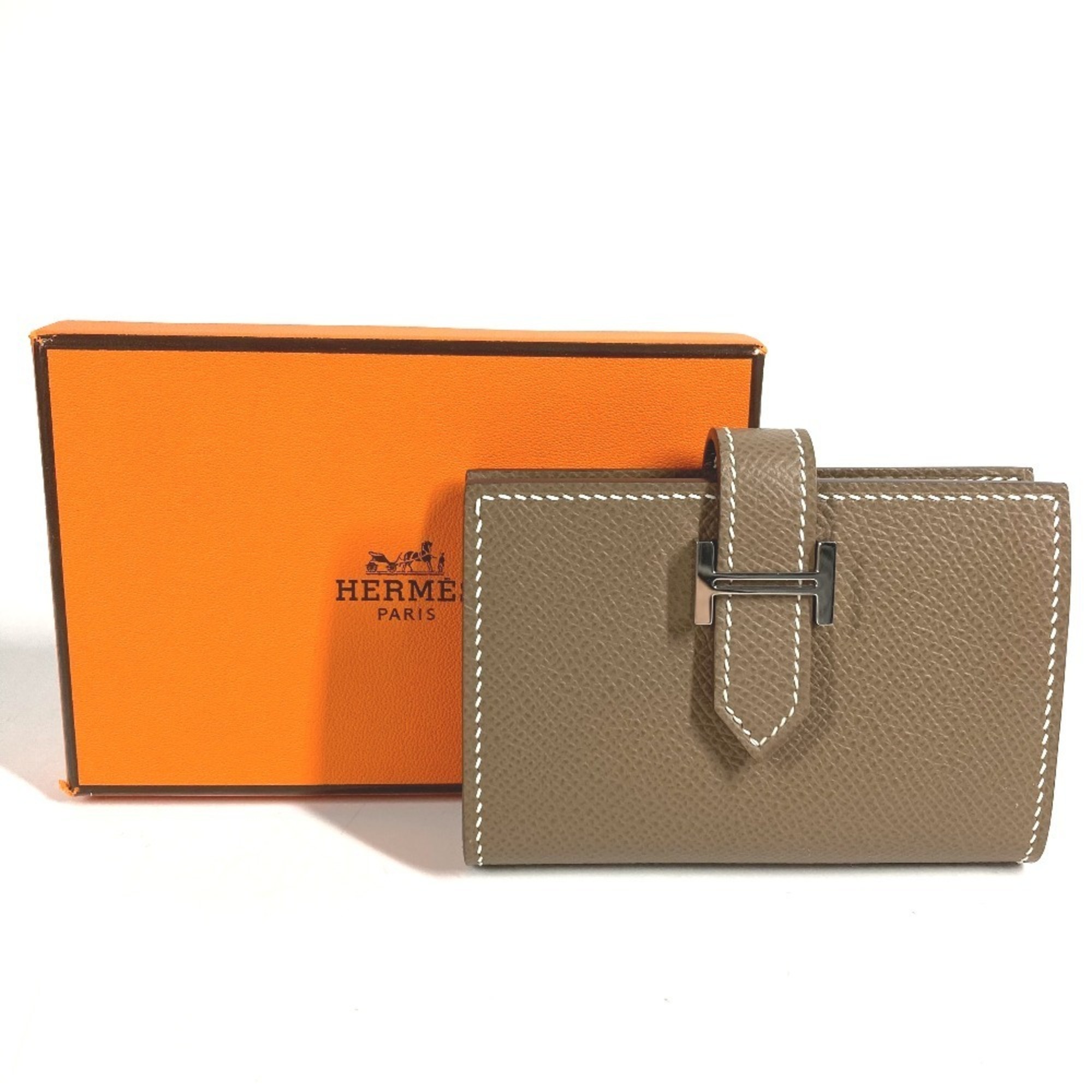 HERMES Bearn H Logo Business Card Case/Pass Case Bifold Leather for Men and Women, Etoupe Beige