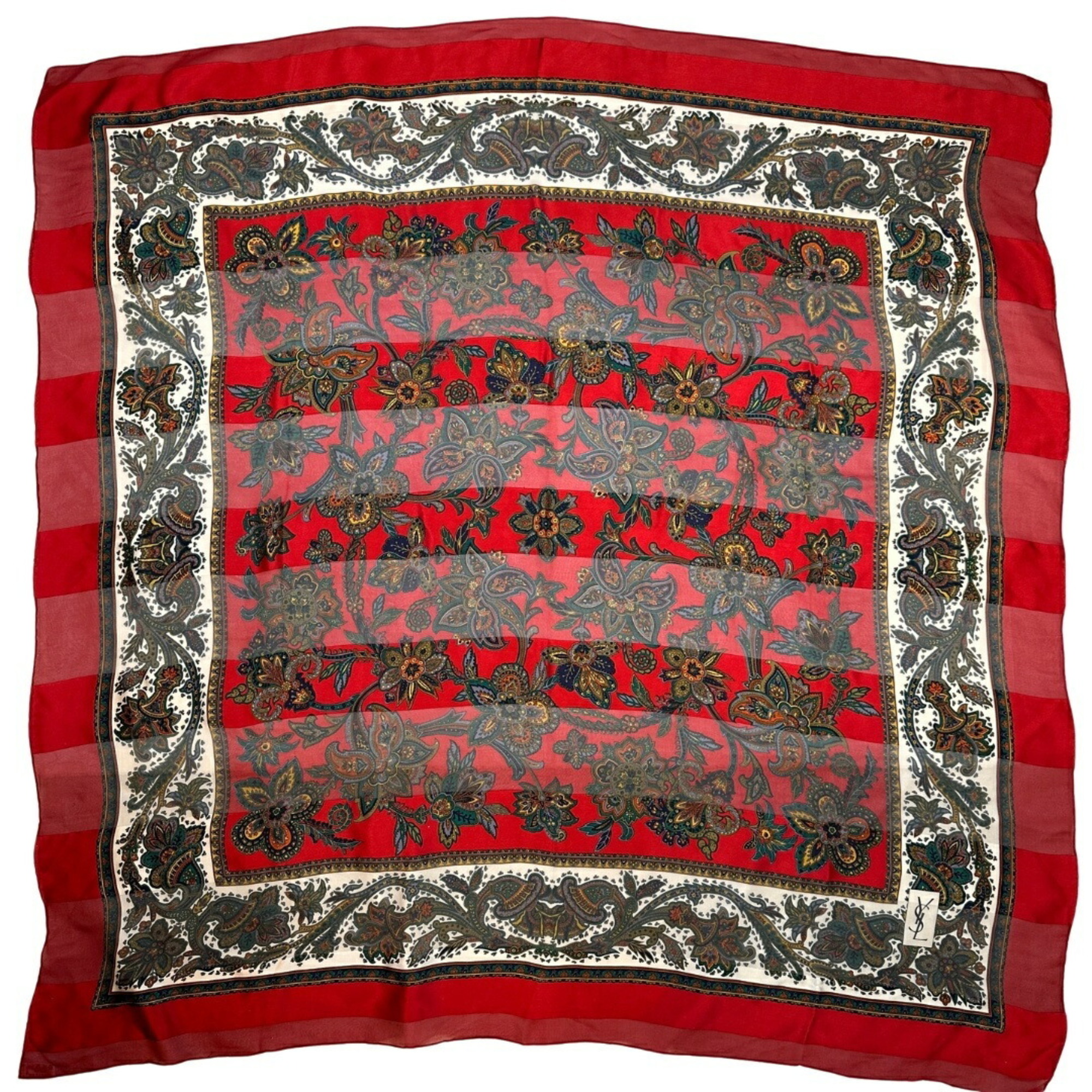YVES SAINT LAURENT Scarf Muffler Large Red Green Stripe Sheer Stole Women’s Flower Mikunigaoka Store ITQE9O5AZKUO RM2242R