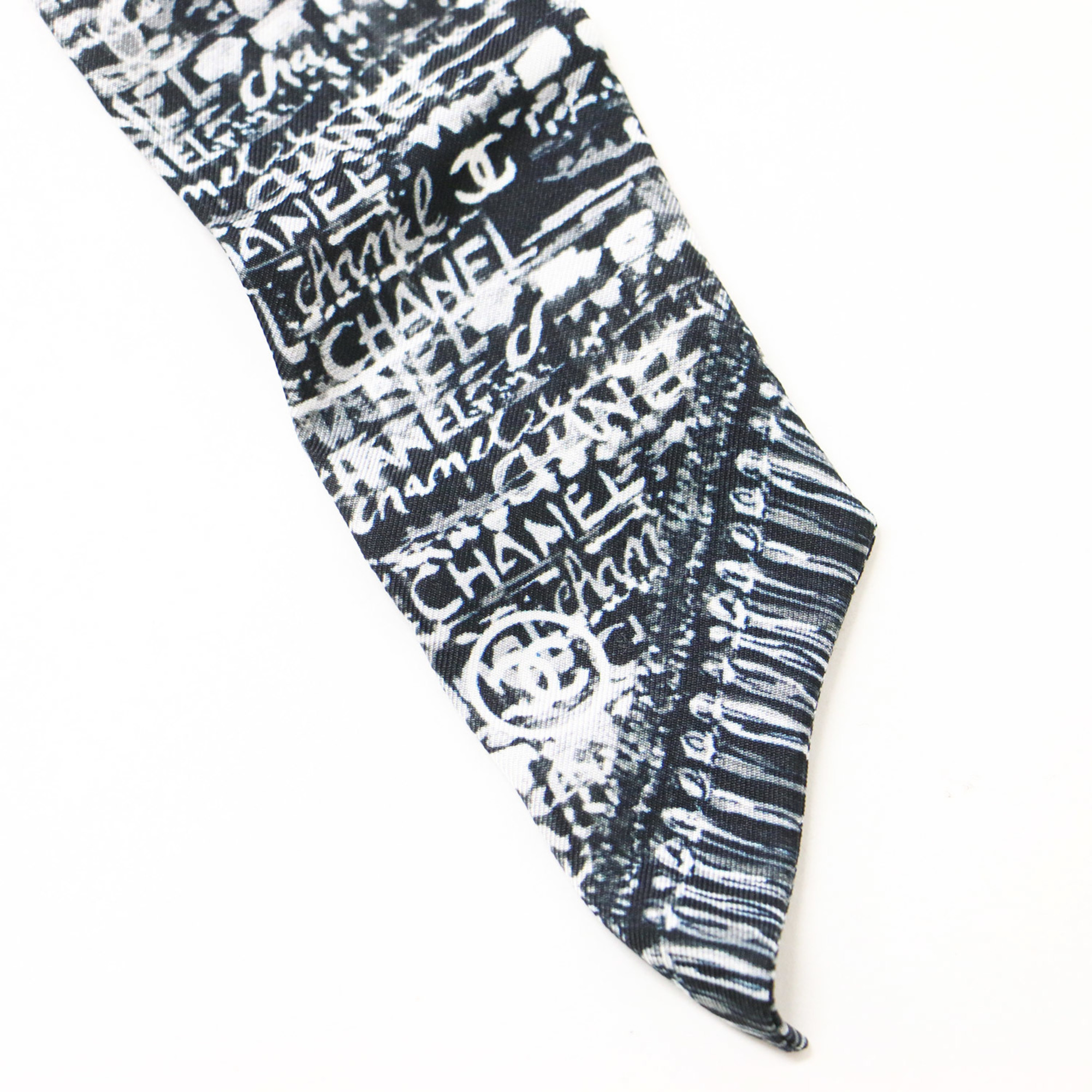 CHANEL Chanel Print Silk Headband 19B Ribbon Scarf Muffler Black High
